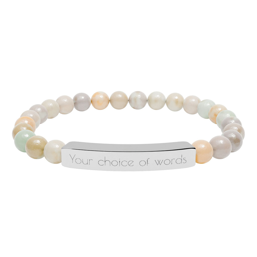 Custom Engravable Natural Stone Bead Bracelet — Personalized Bar Stretch Bracelet - YOU CHOOSE THE WORDS or PHRASE