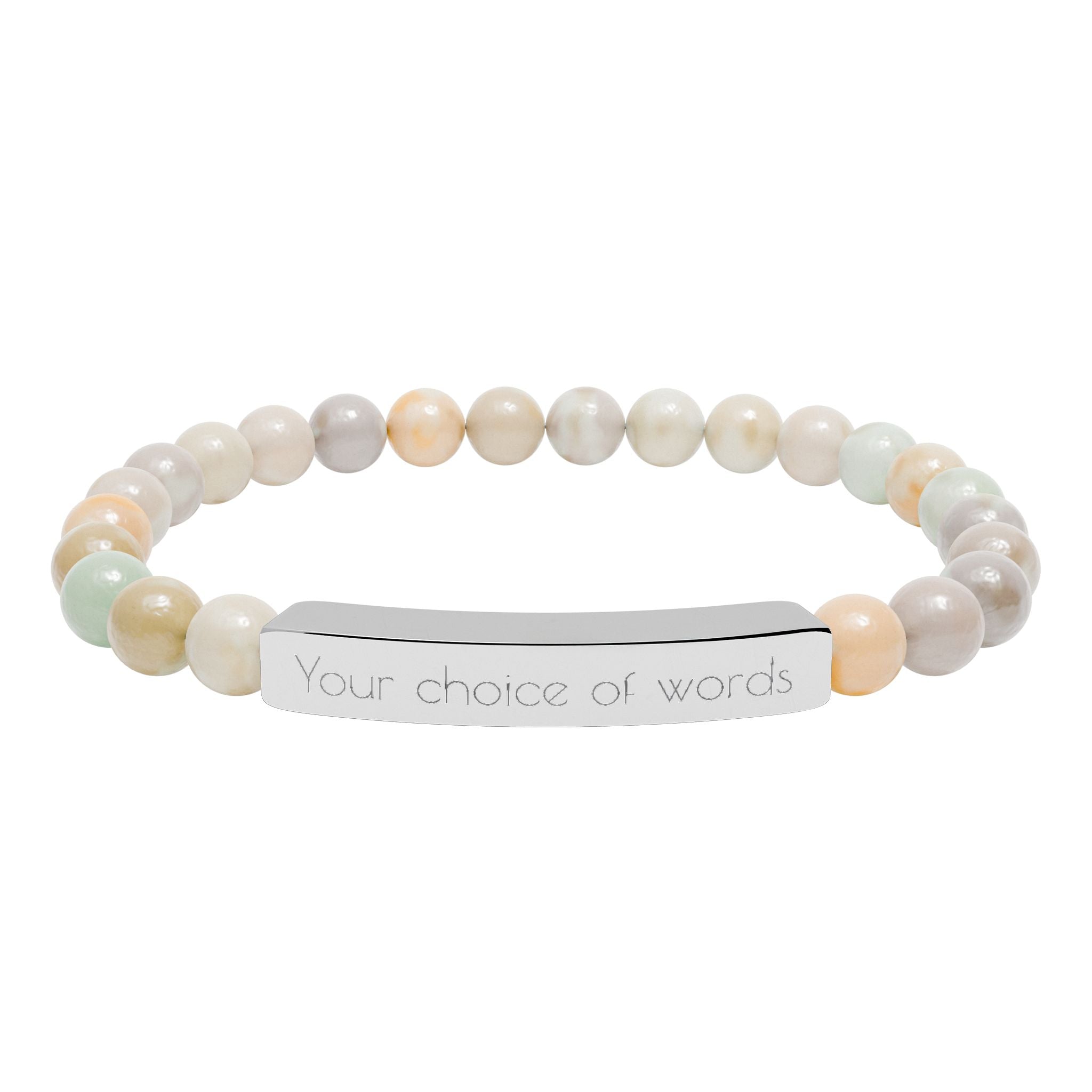 Custom Engravable Natural Stone Bead Bracelet — Personalized Bar Stretch Bracelet - YOU CHOOSE THE WORDS or PHRASE