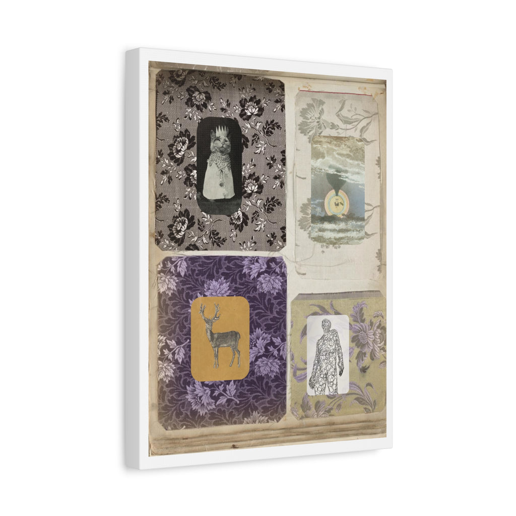 Vintage Collage Matte Canvas Print — Family Album I - Archival Ephemeral Dark & Haunted Art with Vintage Fabrics Cats Deer Magic Myth Fables Folklore vibes