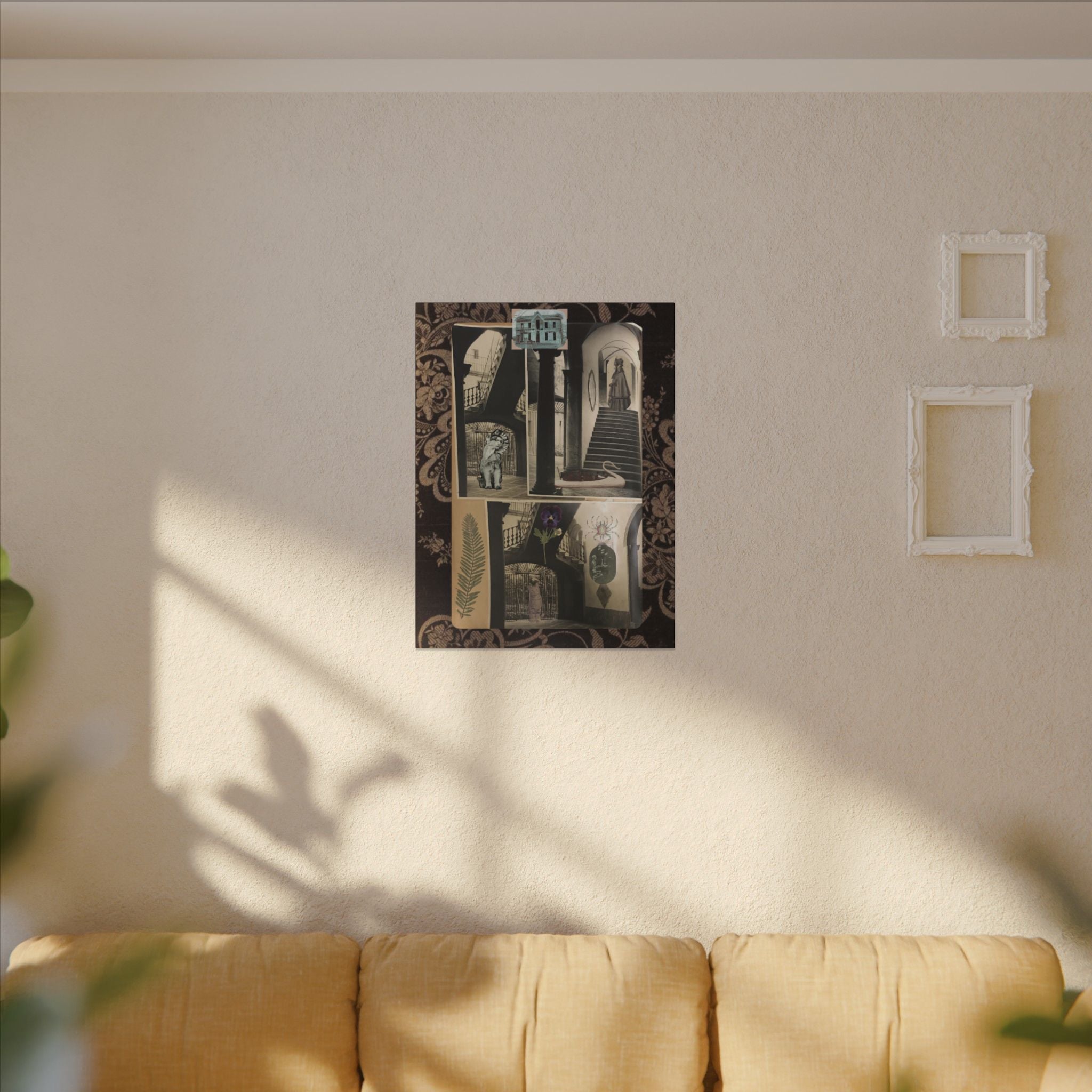 Dark Vintage Style Canvas Wall Art "Family Album 2" Collage Art with Cats, Staircase, botanicals - fern, pressed flower - WOMAN OWNED BUSINESS