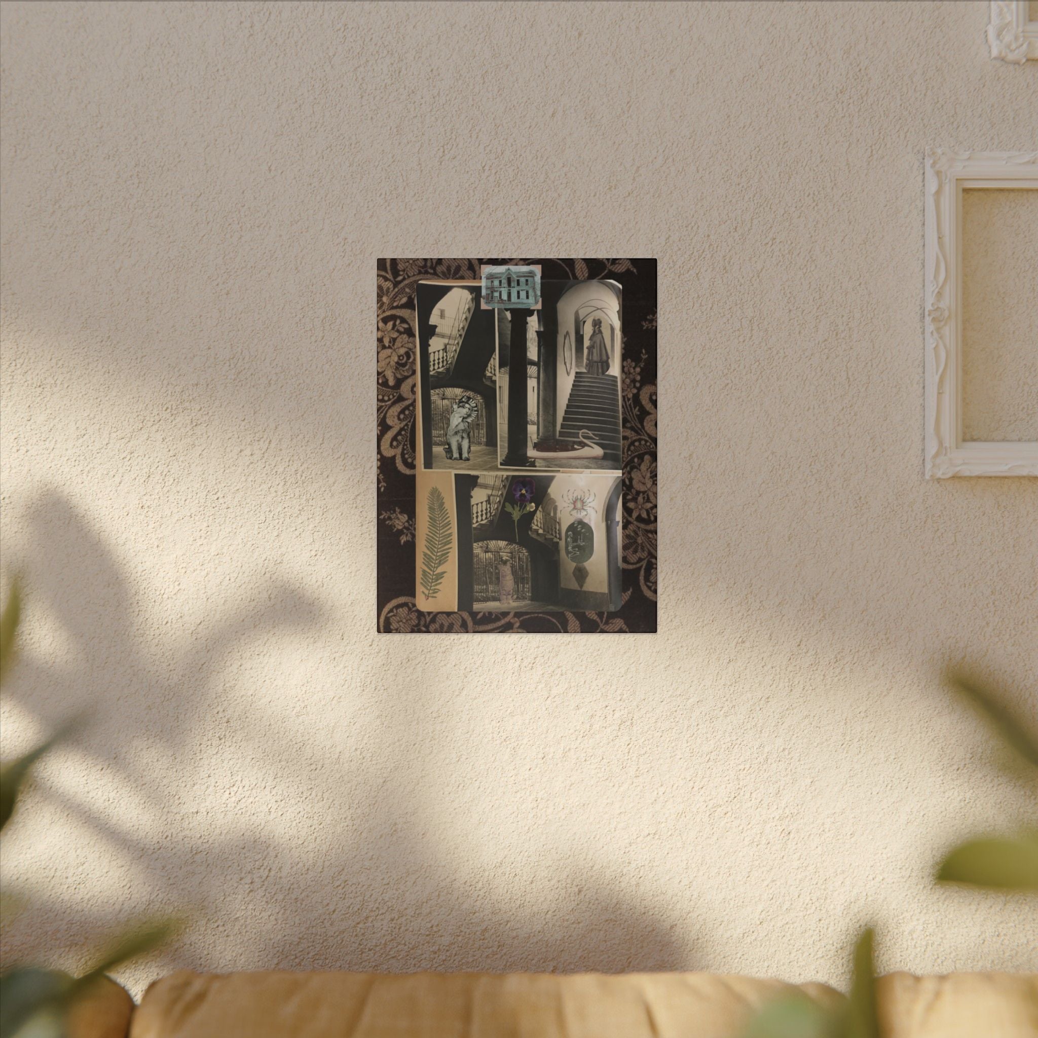Dark Vintage Style Canvas Wall Art "Family Album 2" Collage Art with Cats, Staircase, botanicals - fern, pressed flower - WOMAN OWNED BUSINESS