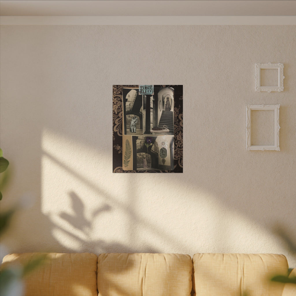 Dark Vintage Style Canvas Wall Art "Family Album 2" Collage Art with Cats, Staircase, botanicals - fern, pressed flower - WOMAN OWNED BUSINESS