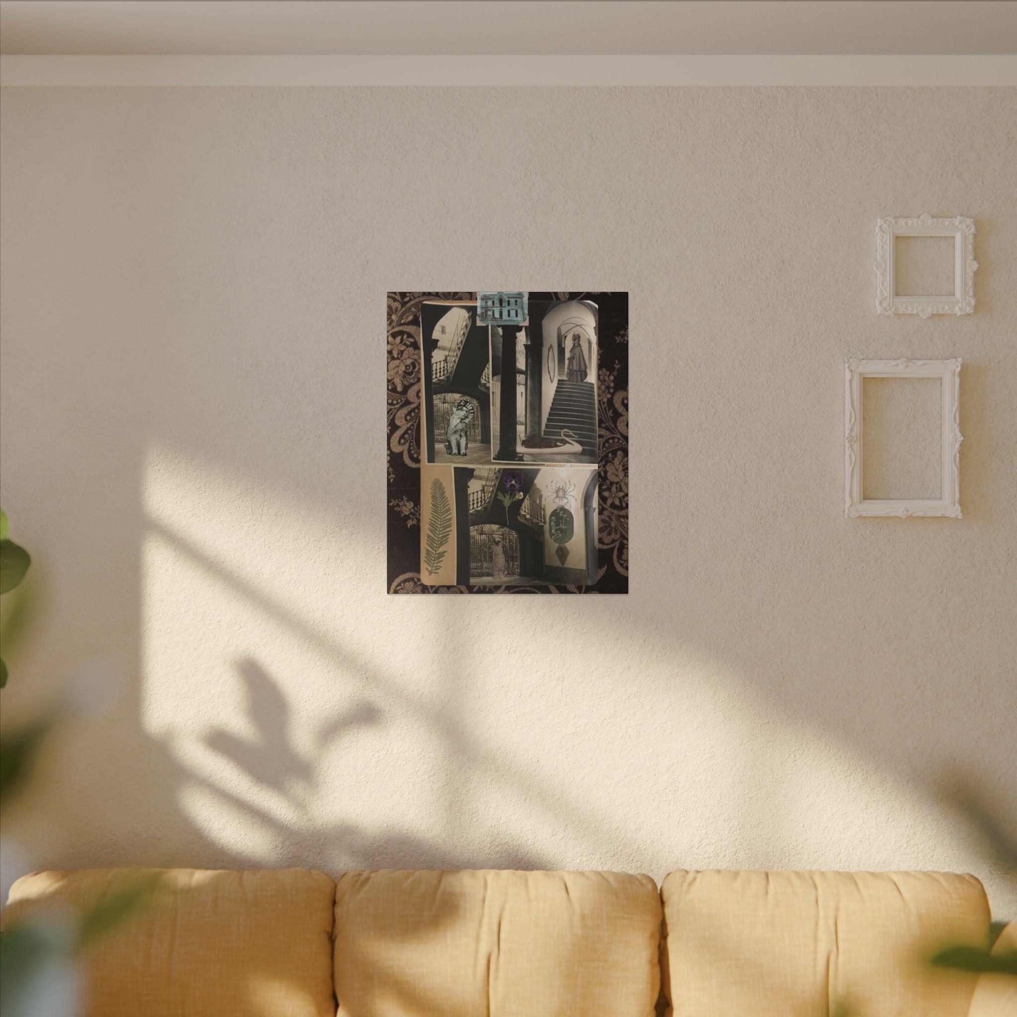 Dark Vintage Style Canvas Wall Art "Family Album 2" Collage Art with Cats, Staircase, botanicals - fern, pressed flower - WOMAN OWNED BUSINESS
