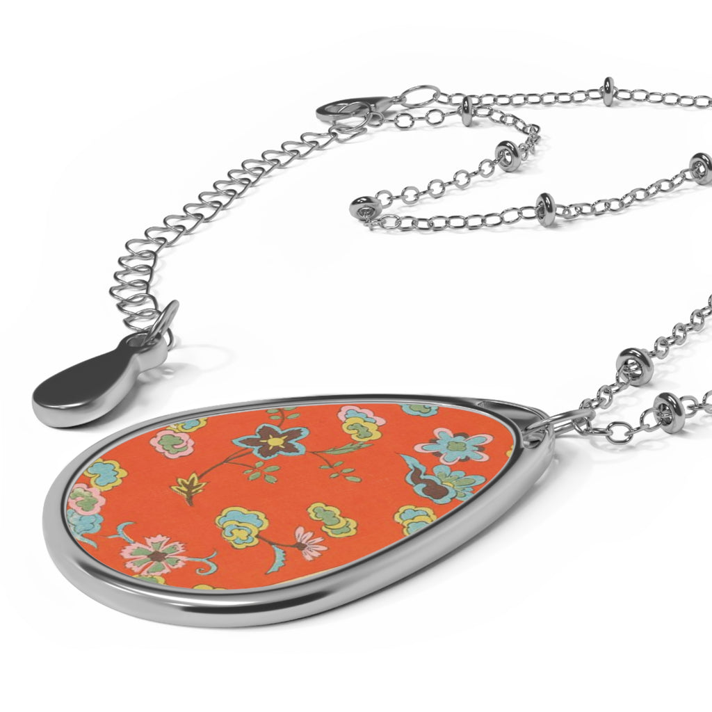 Floral Orange Oval Pendant Necklace with Antique Japanese Fabric Design – Teardrop Shaped Pendant - Female Owned Business