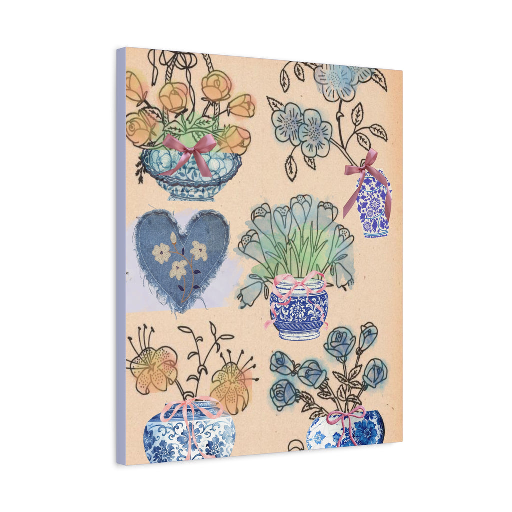 Floral Blue and White Collage Canvas Art "Congratulation, she's a girl!"  — Vintage Style wall decor Female Owned Business