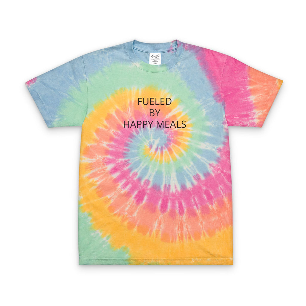 Tie-Dye T-Shirt - "Fueled by Happy Meals" Embroidered Spiral Colorful tee Female Owned Business