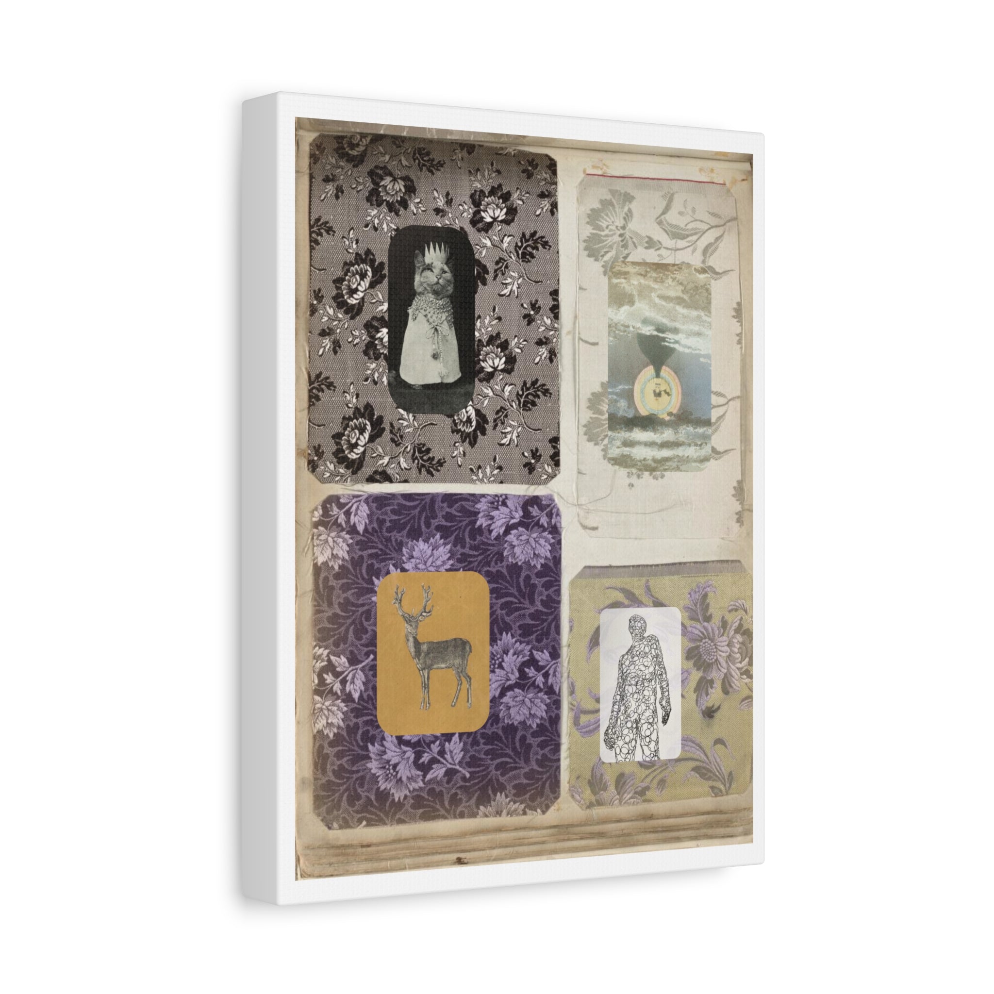 Vintage Collage Matte Canvas Print — Family Album I - Archival Ephemeral Dark & Haunted Art with Vintage Fabrics Cats Deer Magic Myth Fables Folklore vibes