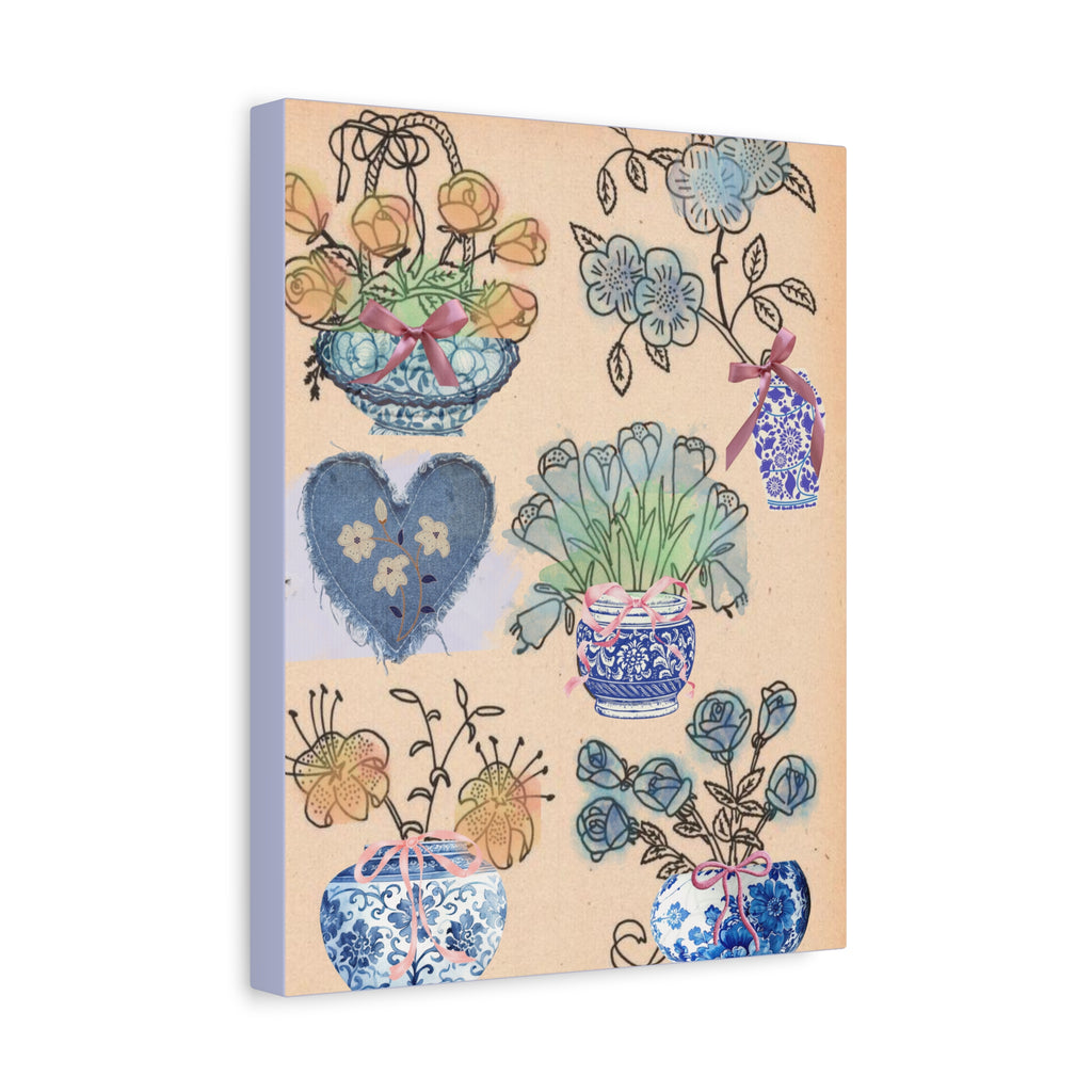 Floral Blue and White Collage Canvas Art "Congratulation, she's a girl!"  — Vintage Style wall decor Female Owned Business