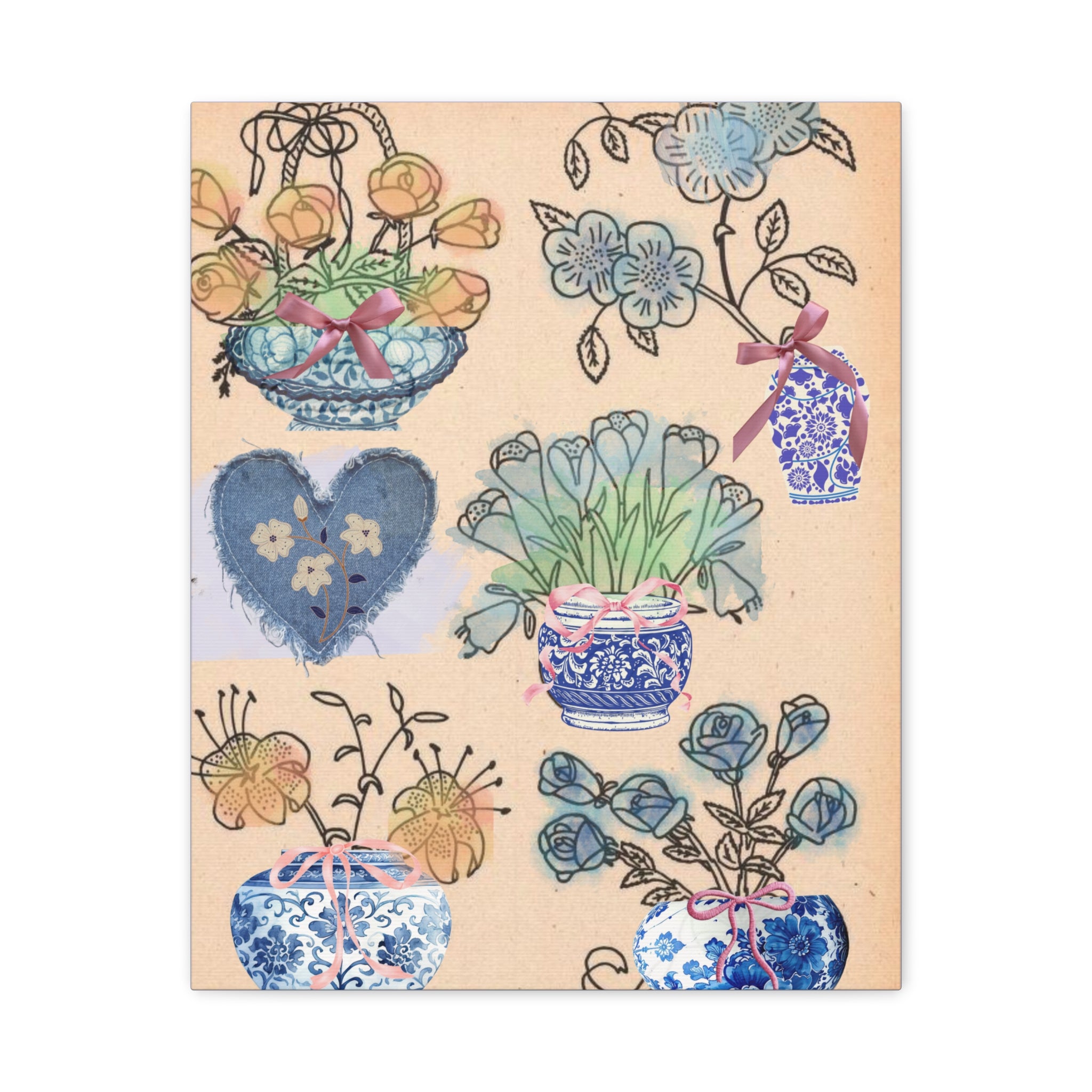 Floral Blue and White Collage Canvas Art "Congratulation, she's a girl!"  — Vintage Style wall decor Female Owned Business