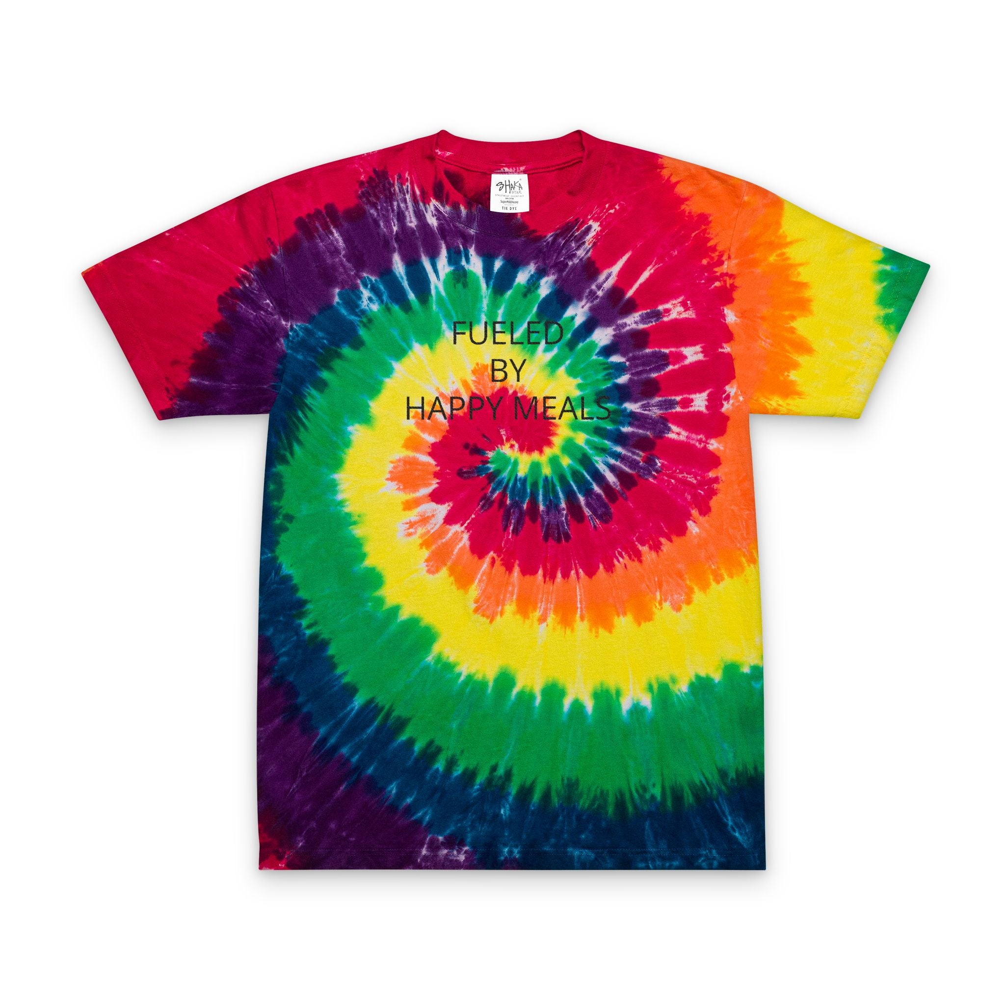 Tie-Dye T-Shirt - "Fueled by Happy Meals" Embroidered Spiral Colorful tee Female Owned Business