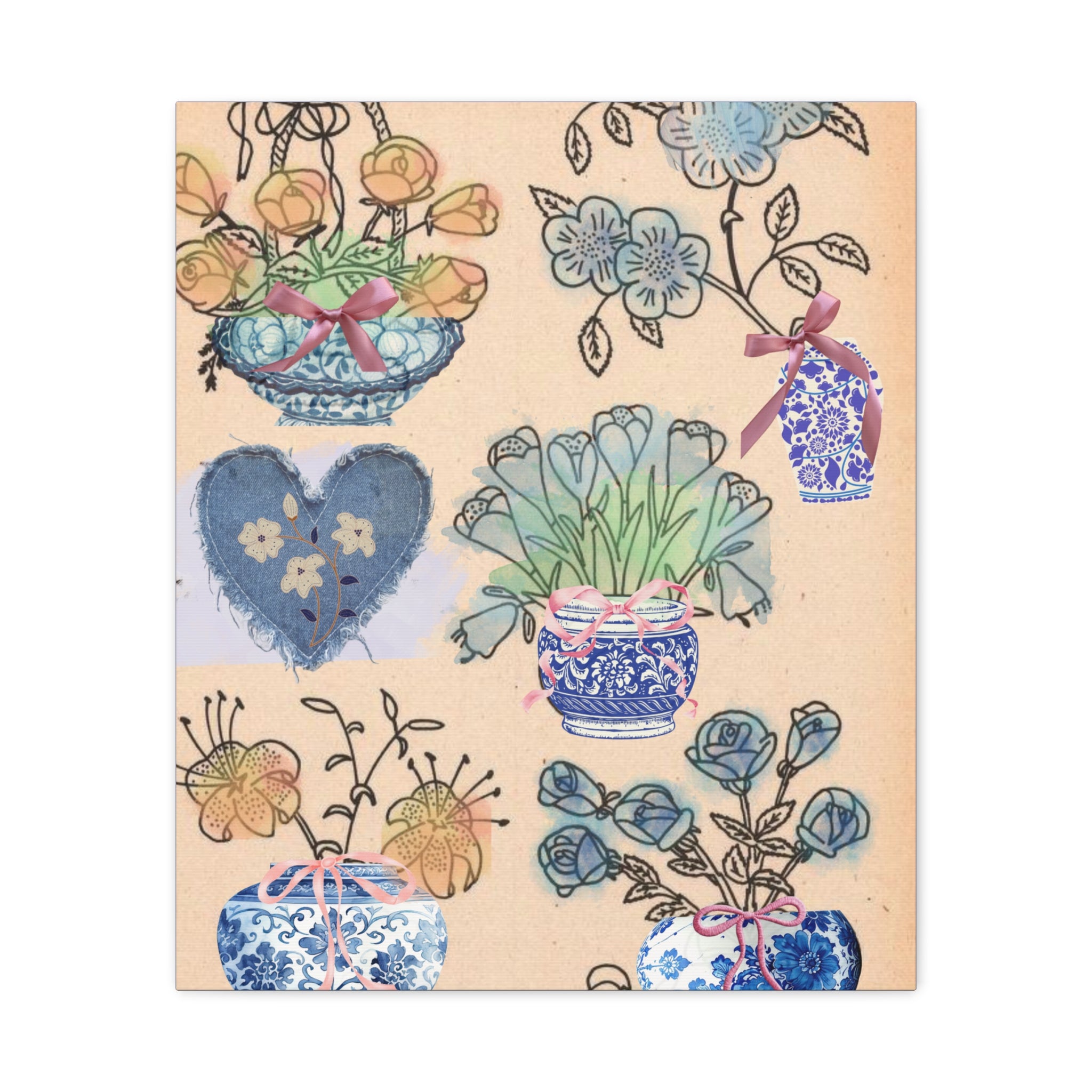 Floral Blue and White Collage Canvas Art "Congratulation, she's a girl!"  — Vintage Style wall decor Female Owned Business