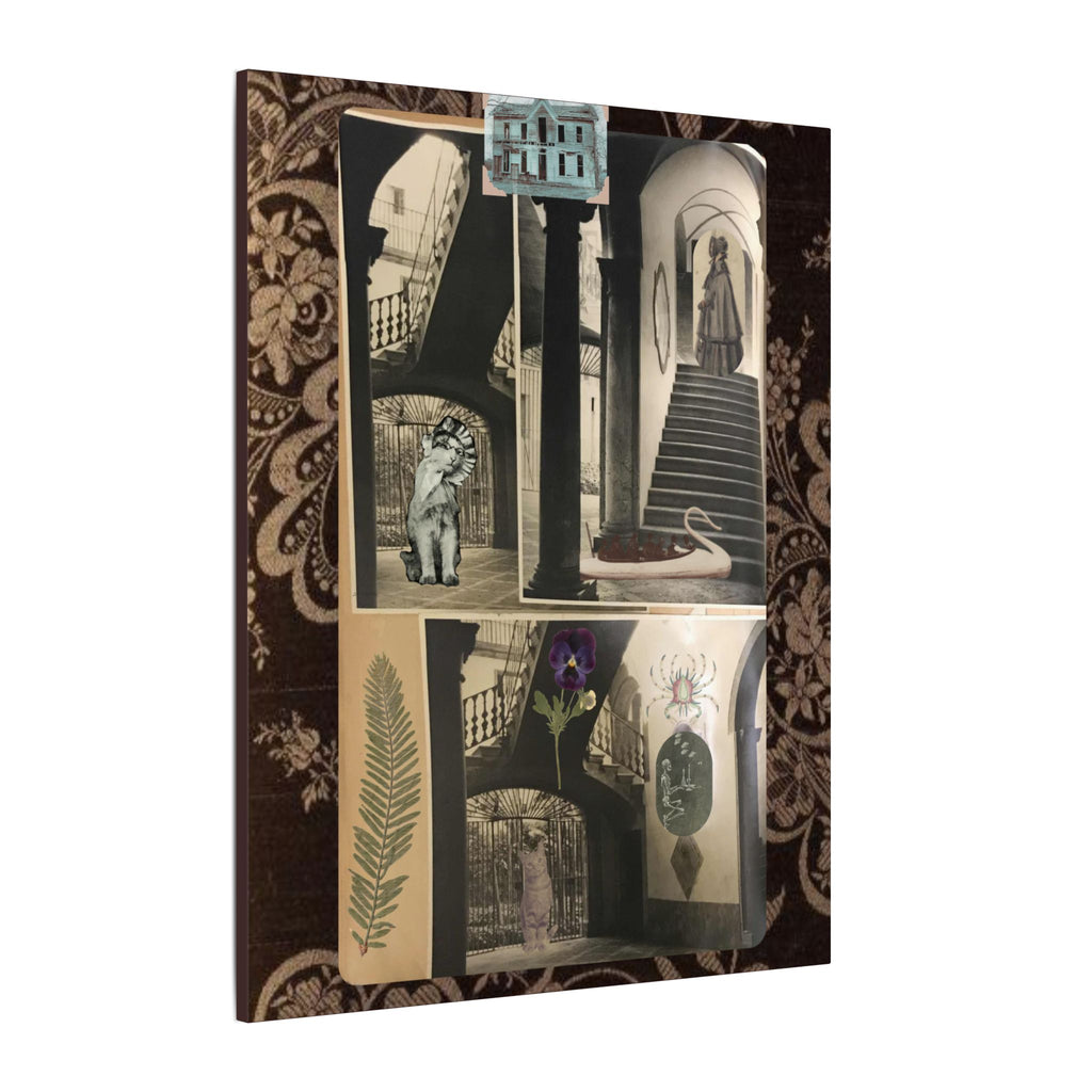 Dark Vintage Style Canvas Wall Art "Family Album 2" Collage Art with Cats, Staircase, botanicals - fern, pressed flower - WOMAN OWNED BUSINESS