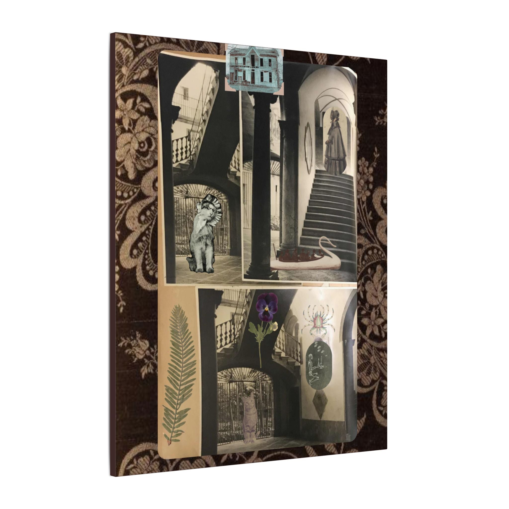 Dark Vintage Style Canvas Wall Art "Family Album 2" Collage Art with Cats, Staircase, botanicals - fern, pressed flower - WOMAN OWNED BUSINESS