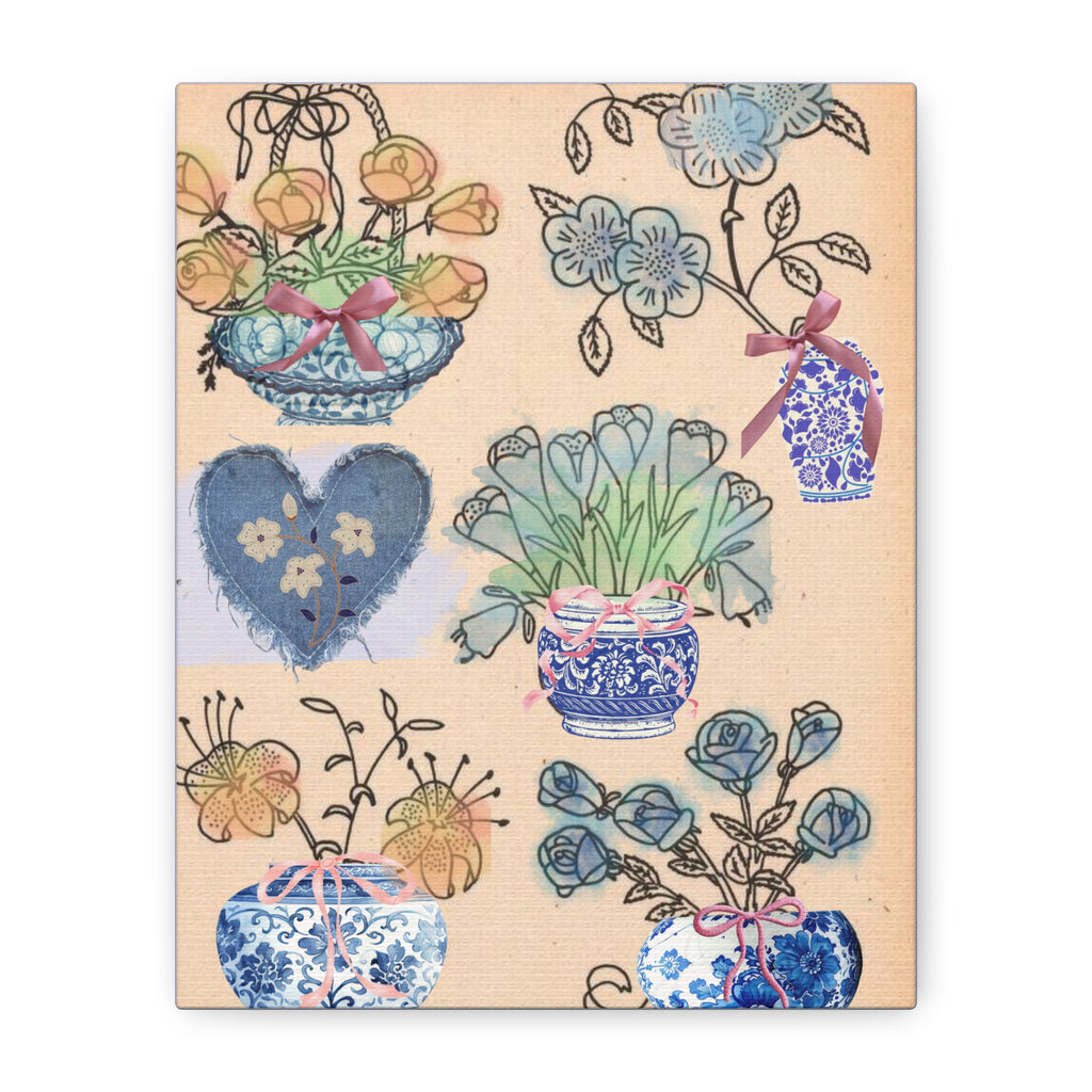 Floral Blue and White Collage Canvas Art "Congratulation, she's a girl!"  — Vintage Style wall decor Female Owned Business
