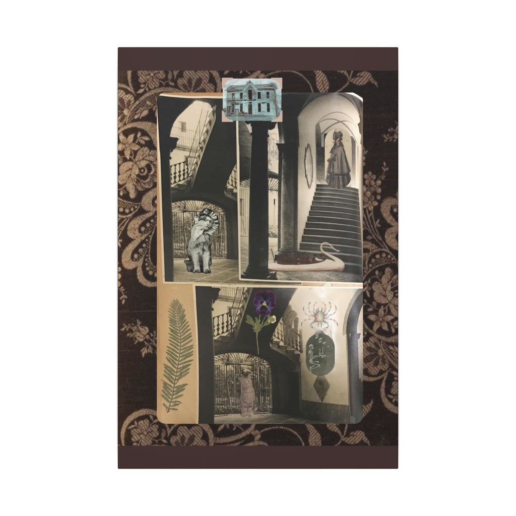 Dark Vintage Style Canvas Wall Art "Family Album 2" Collage Art with Cats, Staircase, botanicals - fern, pressed flower - WOMAN OWNED BUSINESS
