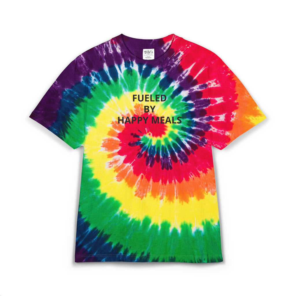 Tie-Dye T-Shirt - "Fueled by Happy Meals" Embroidered Spiral Colorful tee Female Owned Business