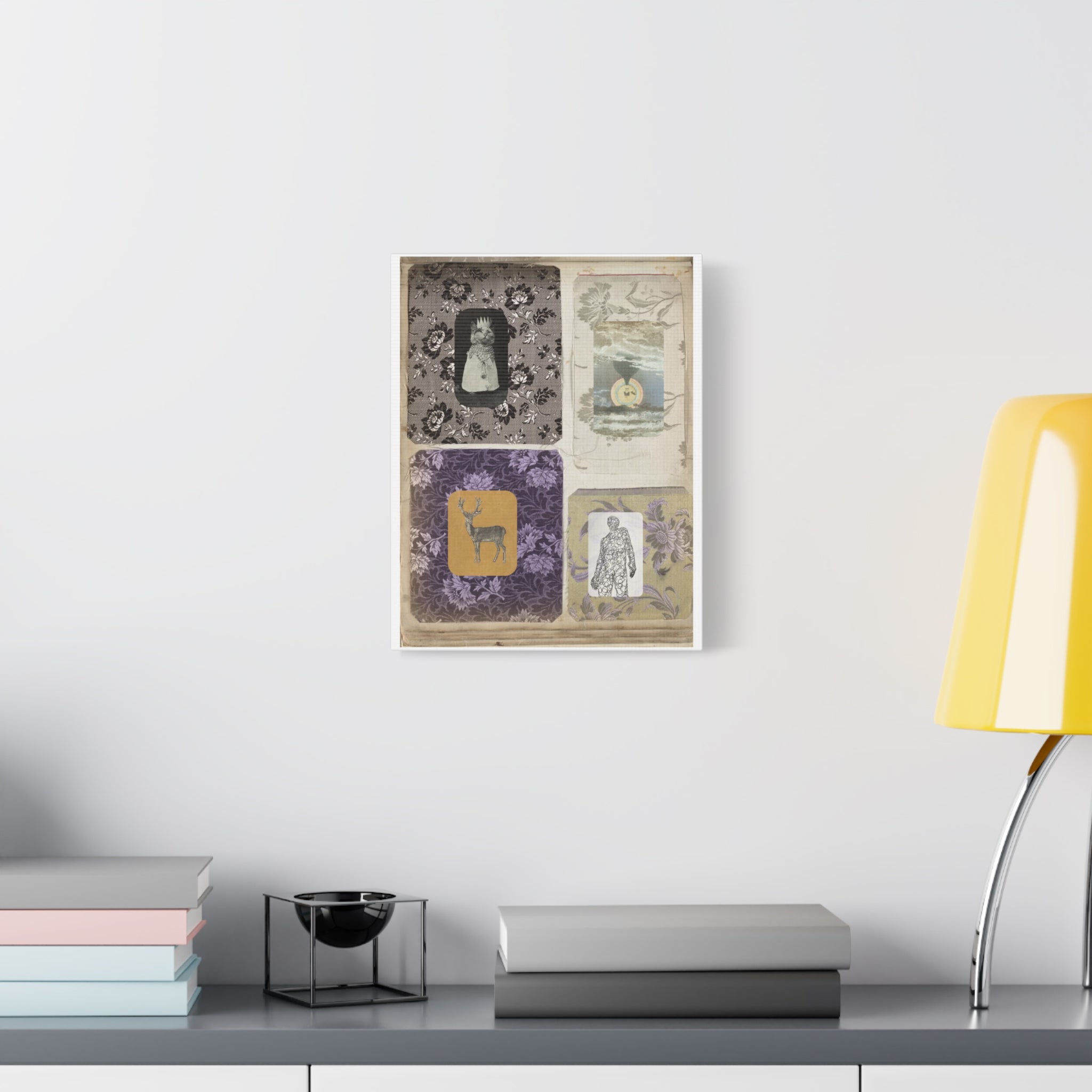 Vintage Collage Matte Canvas Print — Family Album I - Archival Ephemeral Dark & Haunted Art with Vintage Fabrics Cats Deer Magic Myth Fables Folklore vibes