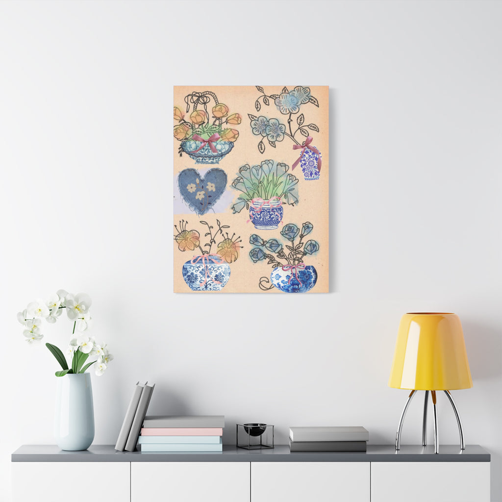 Floral Blue and White Collage Canvas Art "Congratulation, she's a girl!"  — Vintage Style wall decor Female Owned Business