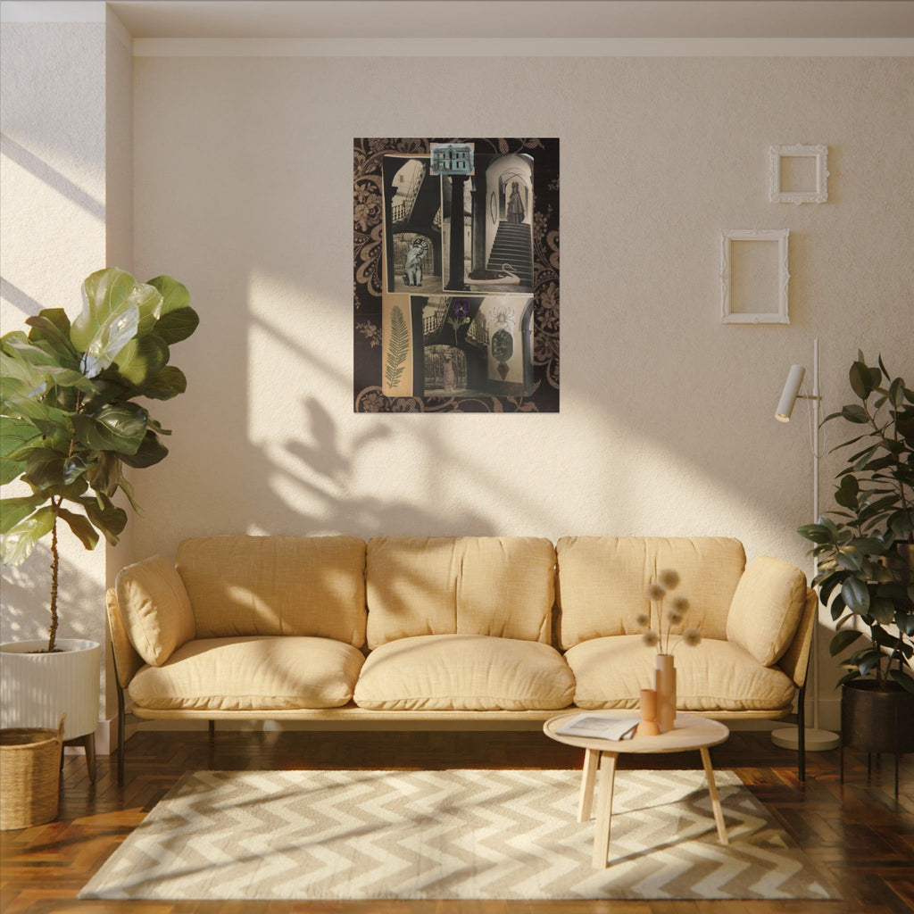 Dark Vintage Style Canvas Wall Art "Family Album 2" Collage Art with Cats, Staircase, botanicals - fern, pressed flower - WOMAN OWNED BUSINESS