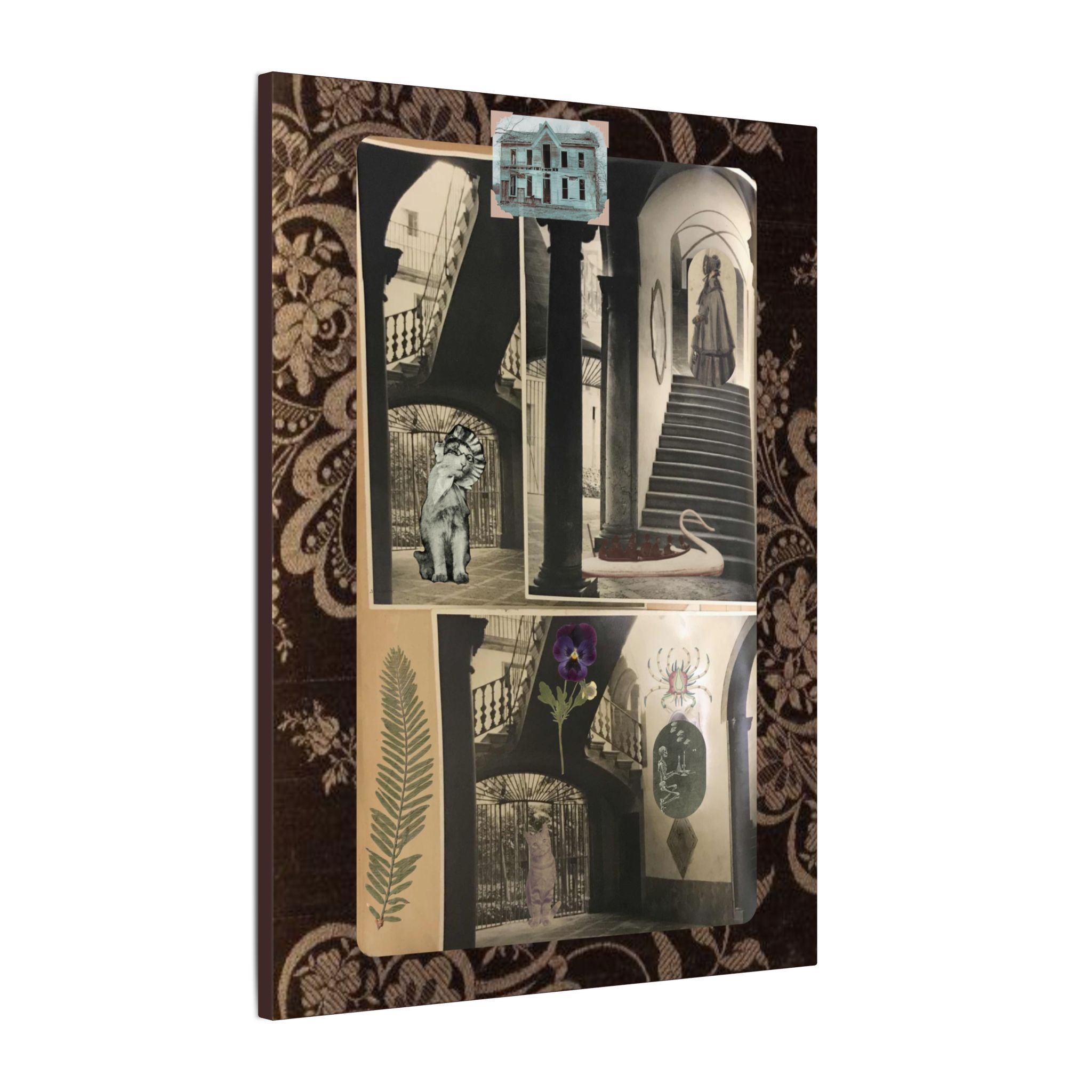 Dark Vintage Style Canvas Wall Art "Family Album 2" Collage Art with Cats, Staircase, botanicals - fern, pressed flower - WOMAN OWNED BUSINESS