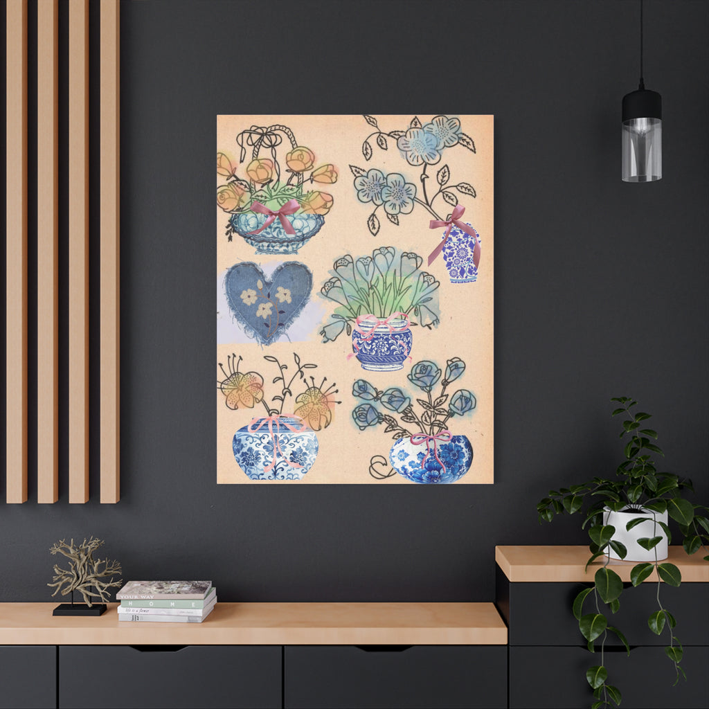 Floral Blue and White Collage Canvas Art "Congratulation, she's a girl!"  — Vintage Style wall decor Female Owned Business