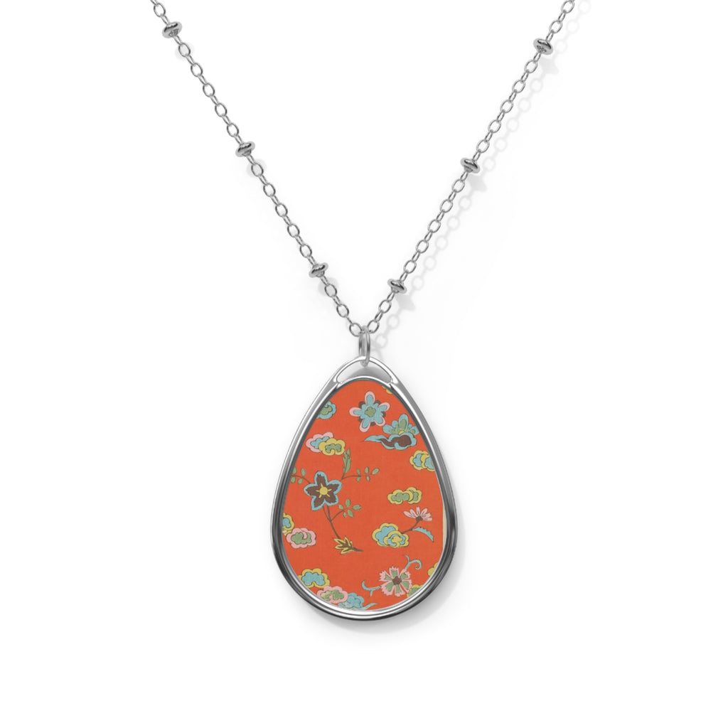 Floral Orange Oval Pendant Necklace with Antique Japanese Fabric Design – Teardrop Shaped Pendant - Female Owned Business