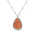 Floral Orange Oval Pendant Necklace with Antique Japanese Fabric Design – Teardrop Shaped Pendant - Female Owned Business