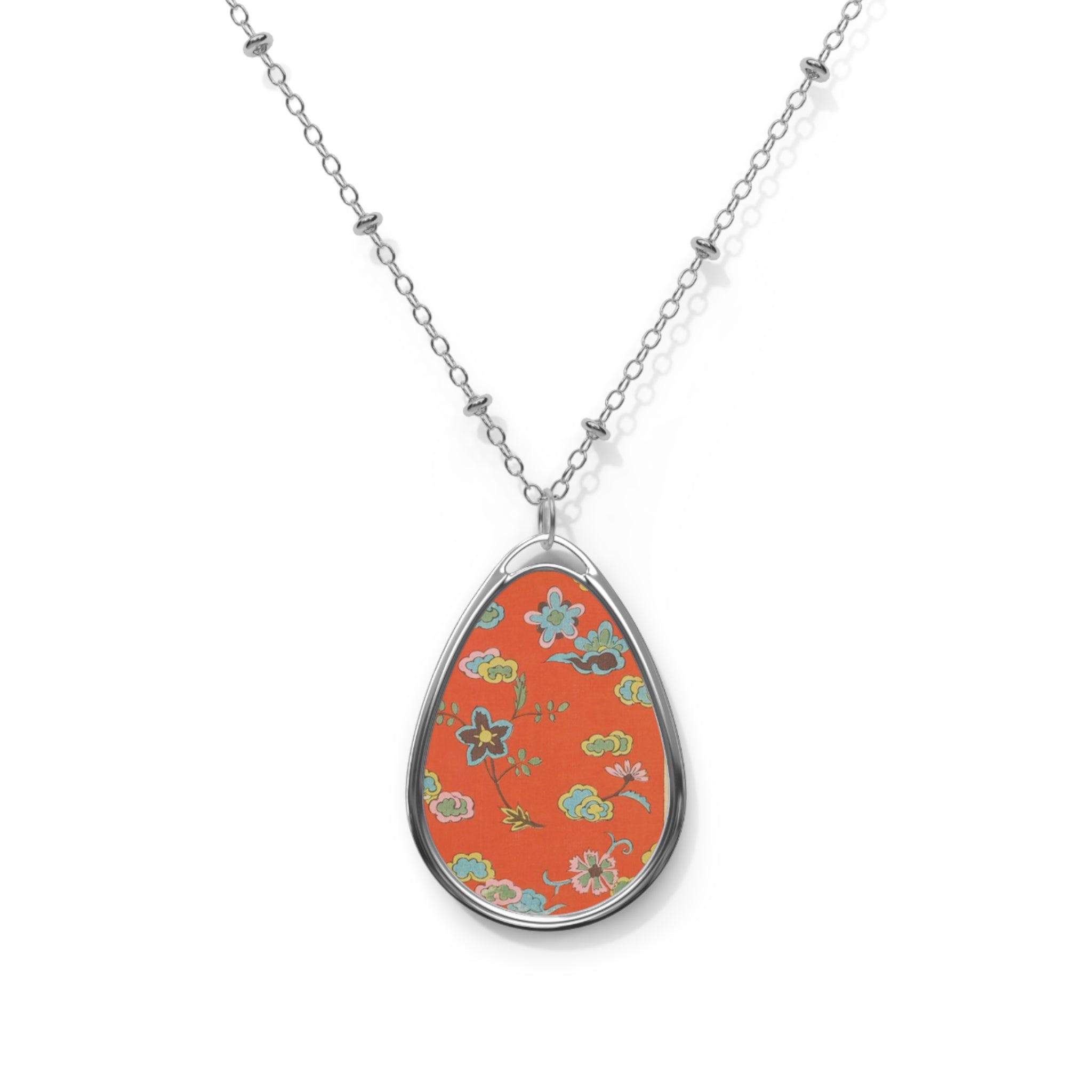 Floral Orange Oval Pendant Necklace with Antique Japanese Fabric Design – Teardrop Shaped Pendant - Female Owned Business