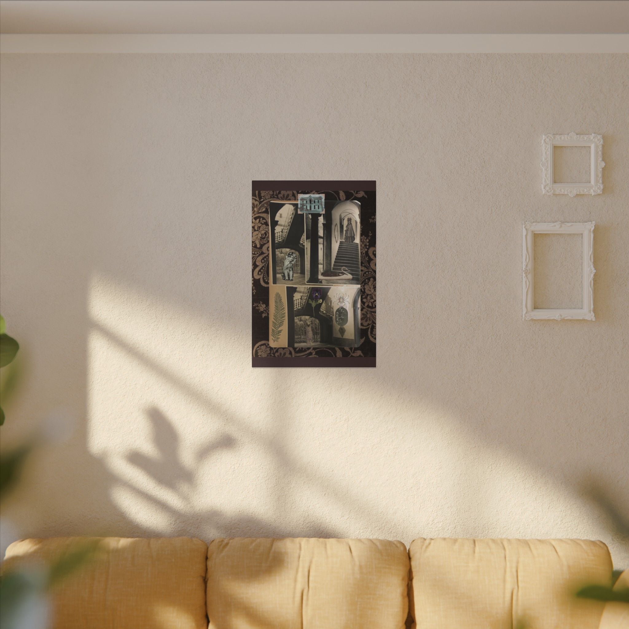 Dark Vintage Style Canvas Wall Art "Family Album 2" Collage Art with Cats, Staircase, botanicals - fern, pressed flower - WOMAN OWNED BUSINESS