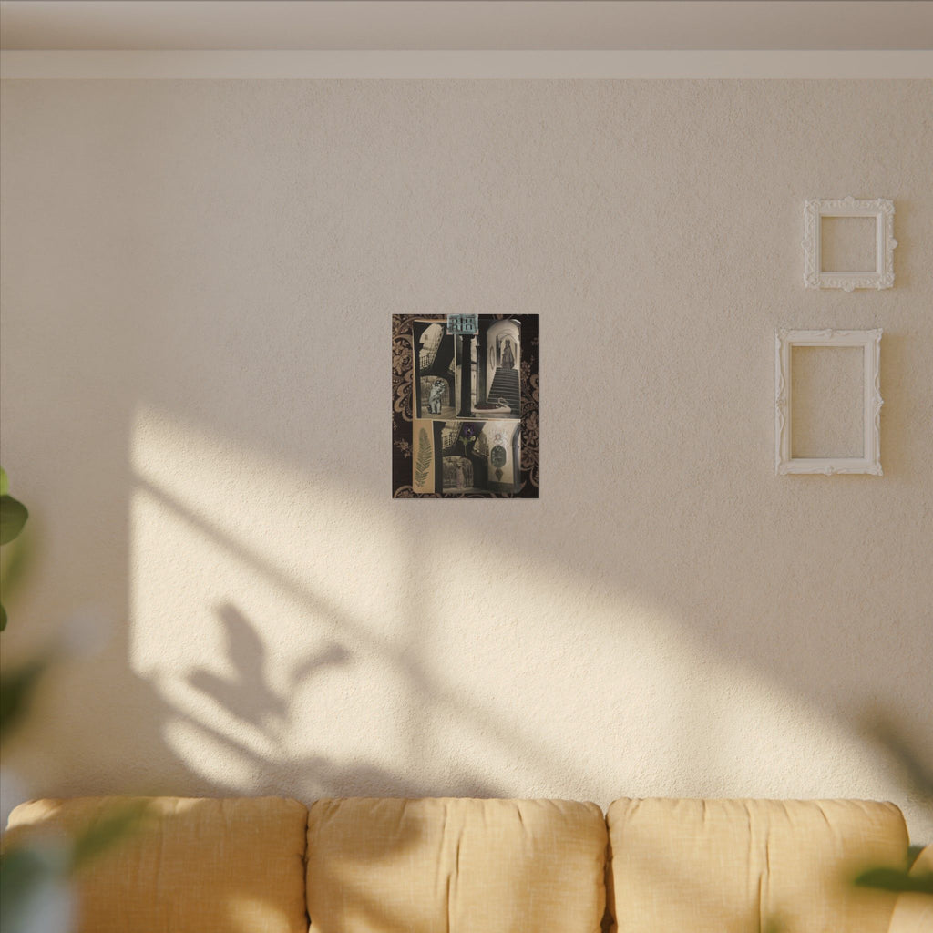 Dark Vintage Style Canvas Wall Art "Family Album 2" Collage Art with Cats, Staircase, botanicals - fern, pressed flower - WOMAN OWNED BUSINESS