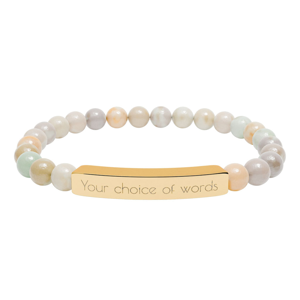 Custom Engravable Natural Stone Bead Bracelet — Personalized Bar Stretch Bracelet - YOU CHOOSE THE WORDS or PHRASE