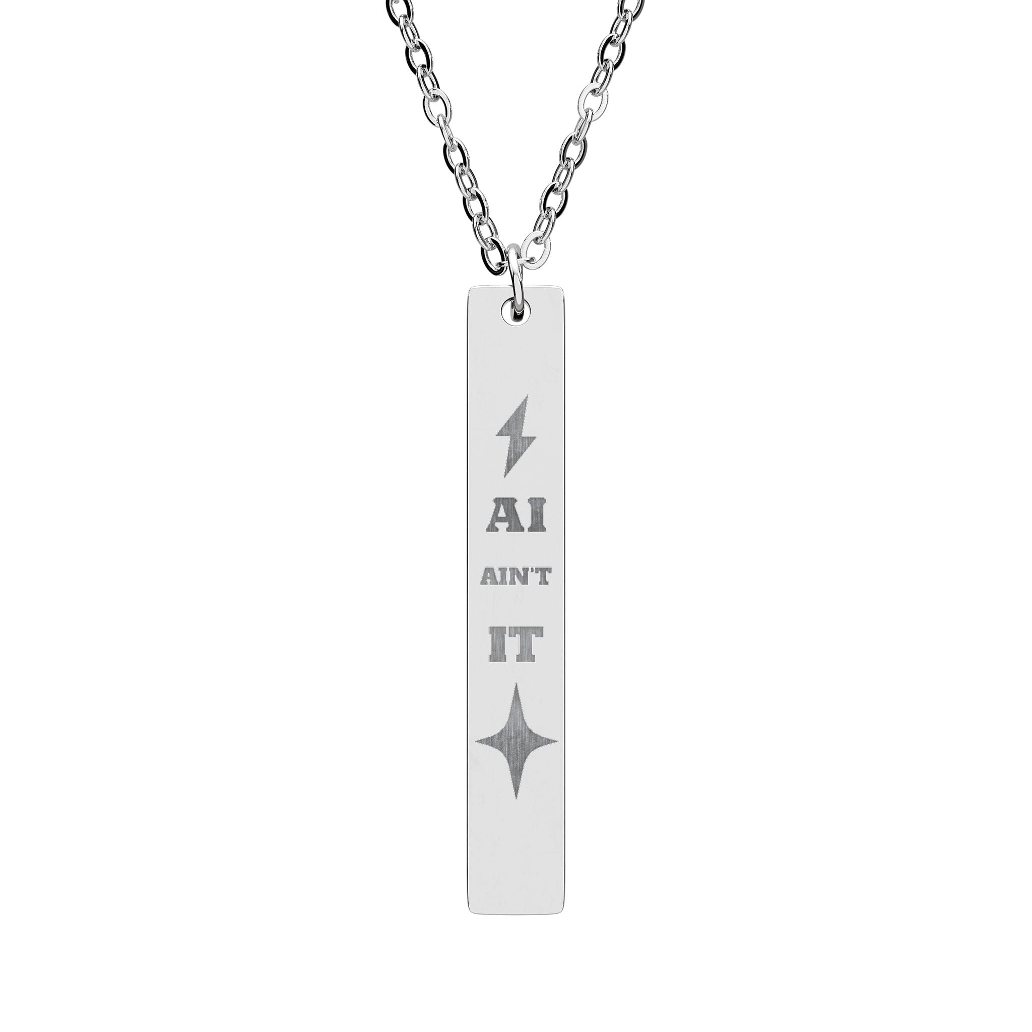Anti AI Engraved Vertical Bar Necklace — Customize the Symbol - AI Ain't IT Pendant