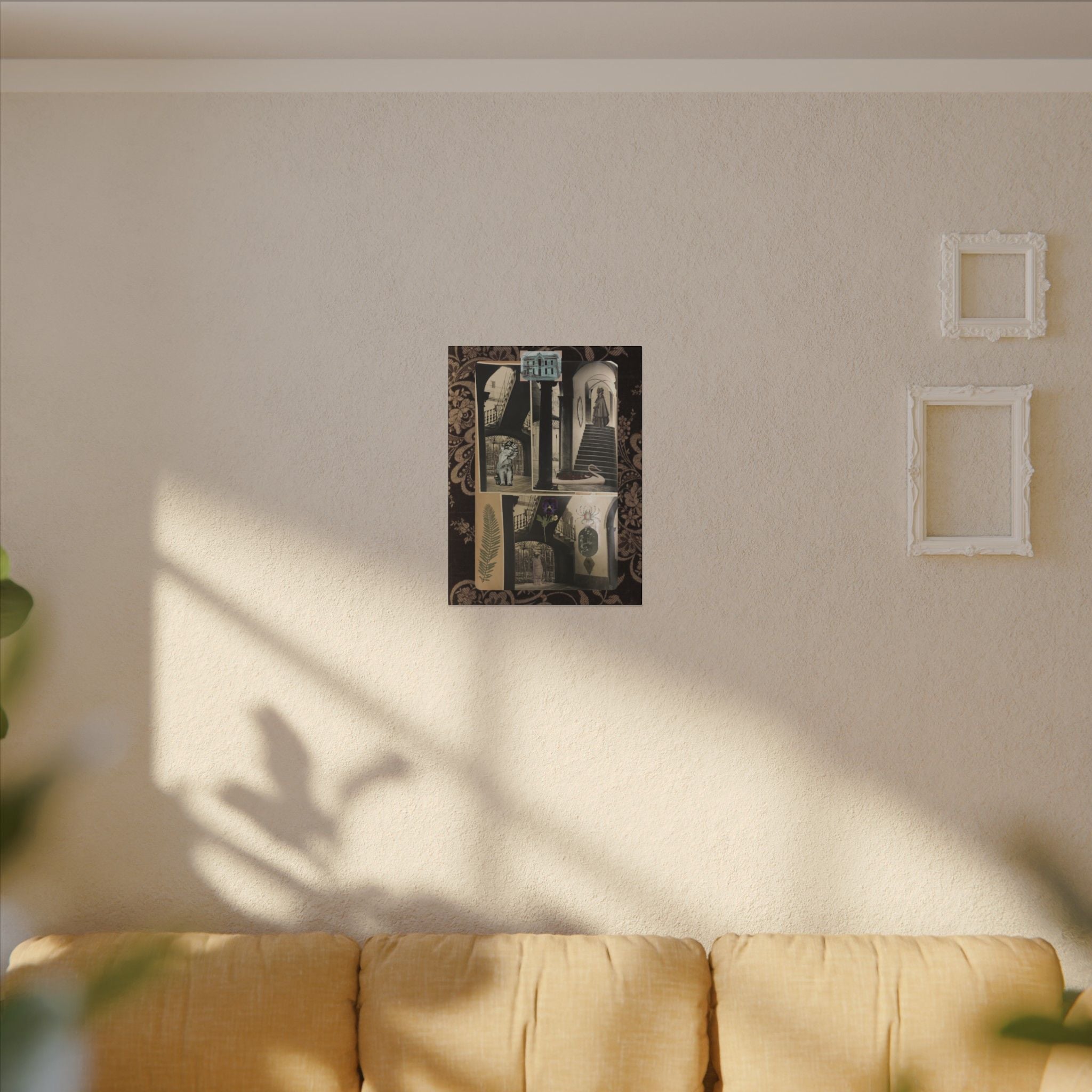 Dark Vintage Style Canvas Wall Art "Family Album 2" Collage Art with Cats, Staircase, botanicals - fern, pressed flower - WOMAN OWNED BUSINESS