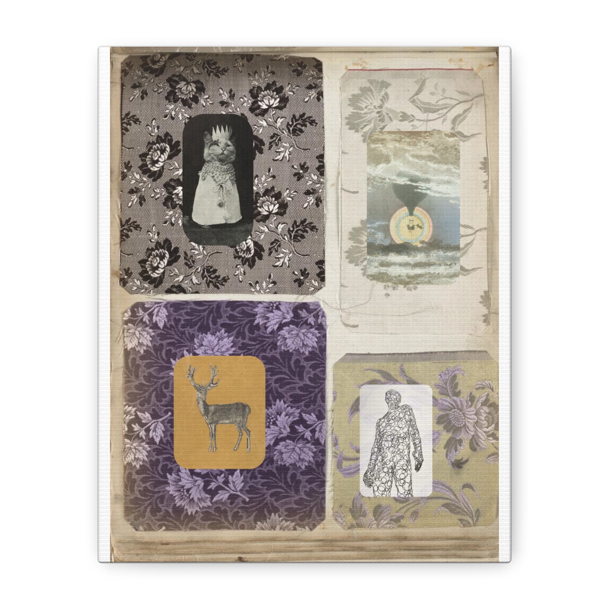 Vintage Collage Matte Canvas Print — Family Album I - Archival Ephemeral Dark & Haunted Art with Vintage Fabrics Cats Deer Magic Myth Fables Folklore vibes