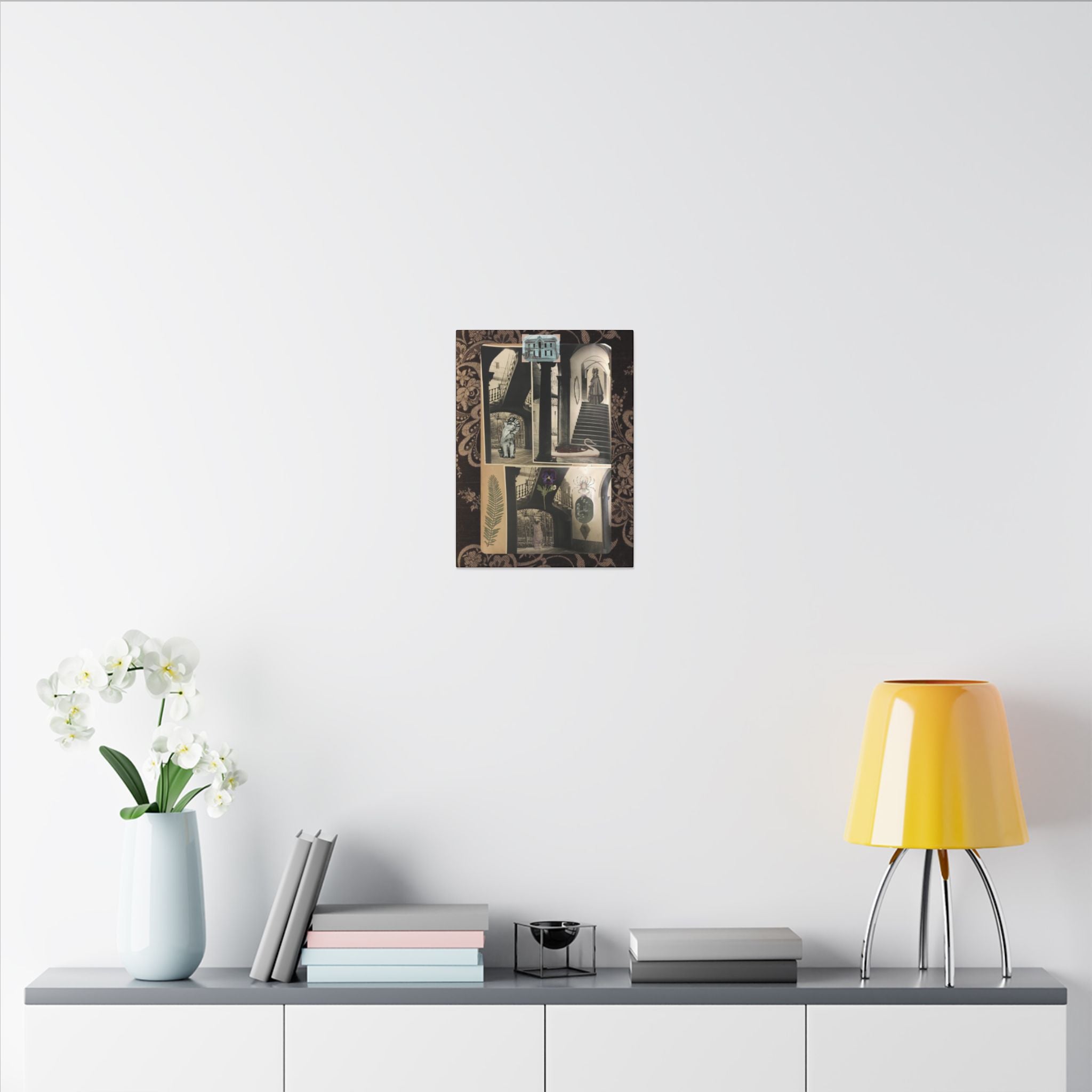 Dark Vintage Style Canvas Wall Art "Family Album 2" Collage Art with Cats, Staircase, botanicals - fern, pressed flower - WOMAN OWNED BUSINESS
