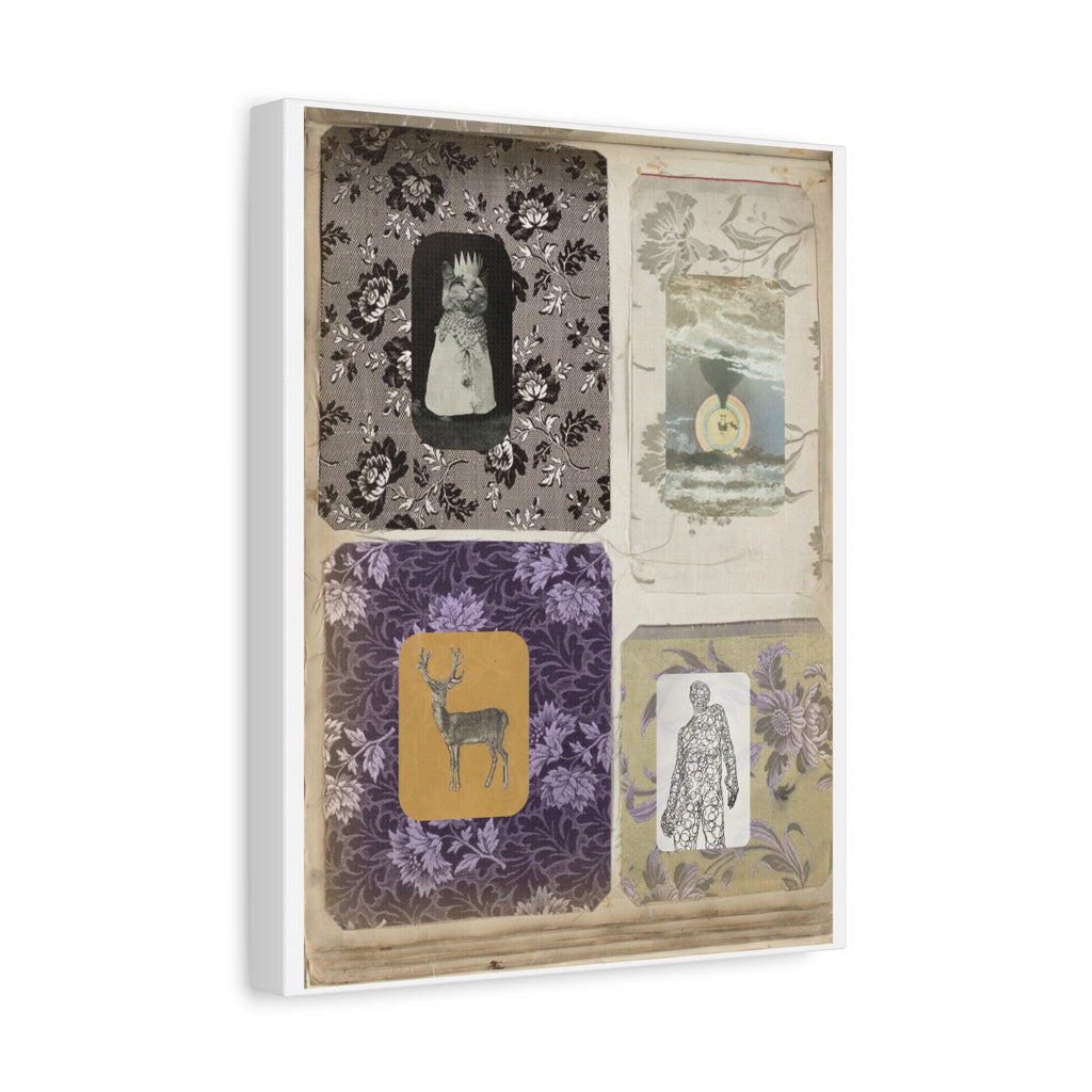 Vintage Collage Matte Canvas Print — Family Album I - Archival Ephemeral Dark & Haunted Art with Vintage Fabrics Cats Deer Magic Myth Fables Folklore vibes