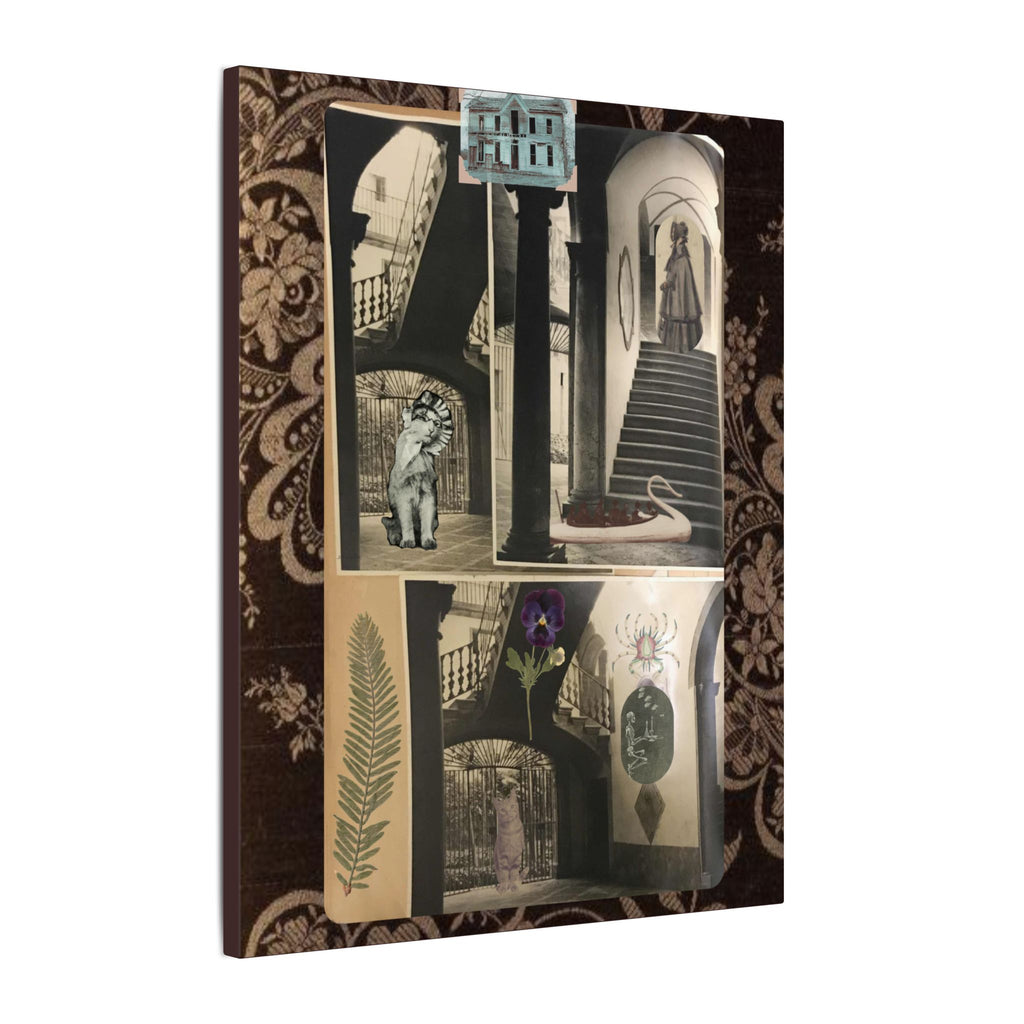 Dark Vintage Style Canvas Wall Art "Family Album 2" Collage Art with Cats, Staircase, botanicals - fern, pressed flower - WOMAN OWNED BUSINESS