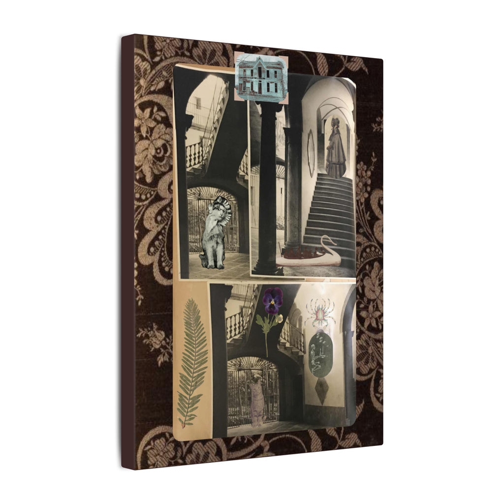 Dark Vintage Style Canvas Wall Art "Family Album 2" Collage Art with Cats, Staircase, botanicals - fern, pressed flower - WOMAN OWNED BUSINESS
