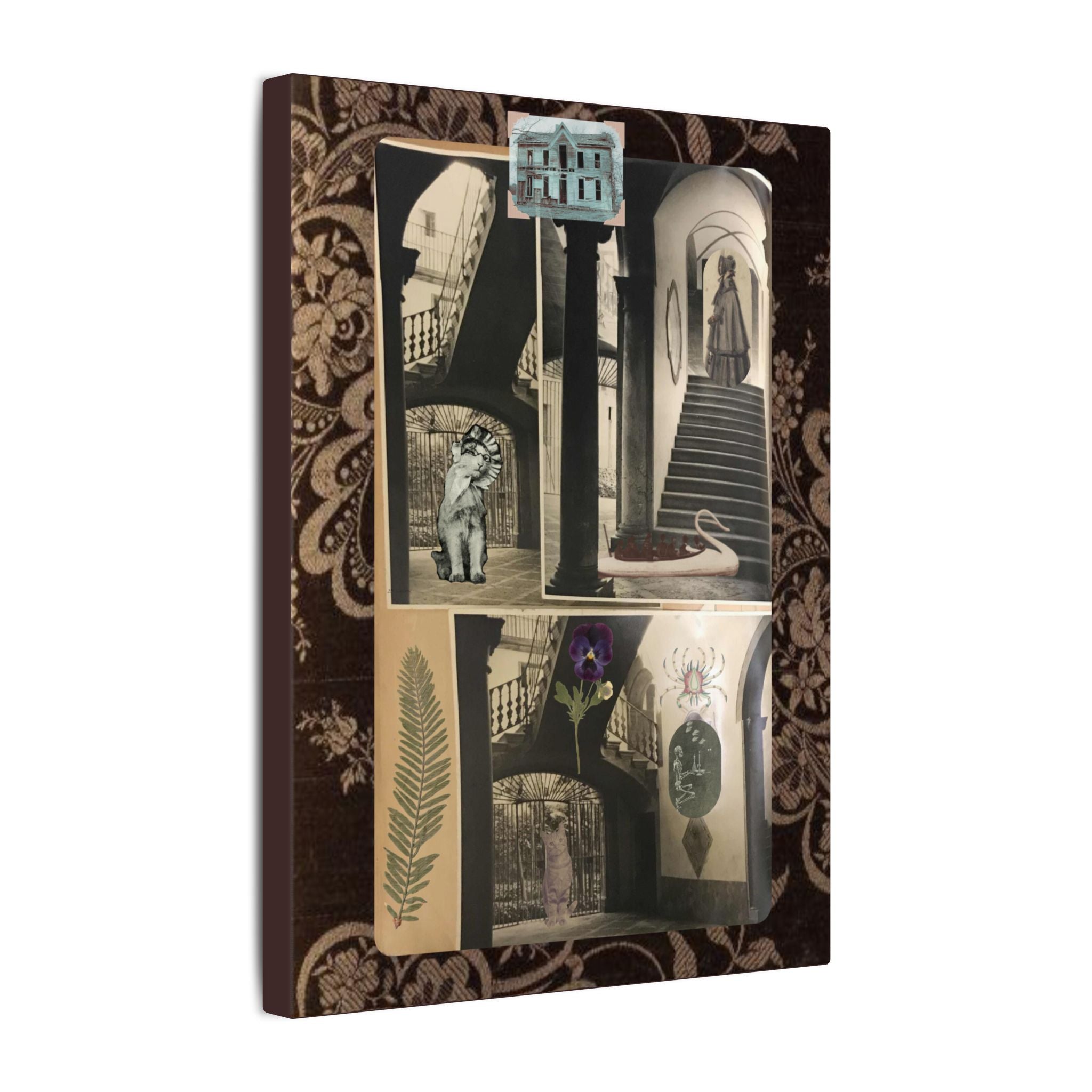 Dark Vintage Style Canvas Wall Art "Family Album 2" Collage Art with Cats, Staircase, botanicals - fern, pressed flower - WOMAN OWNED BUSINESS