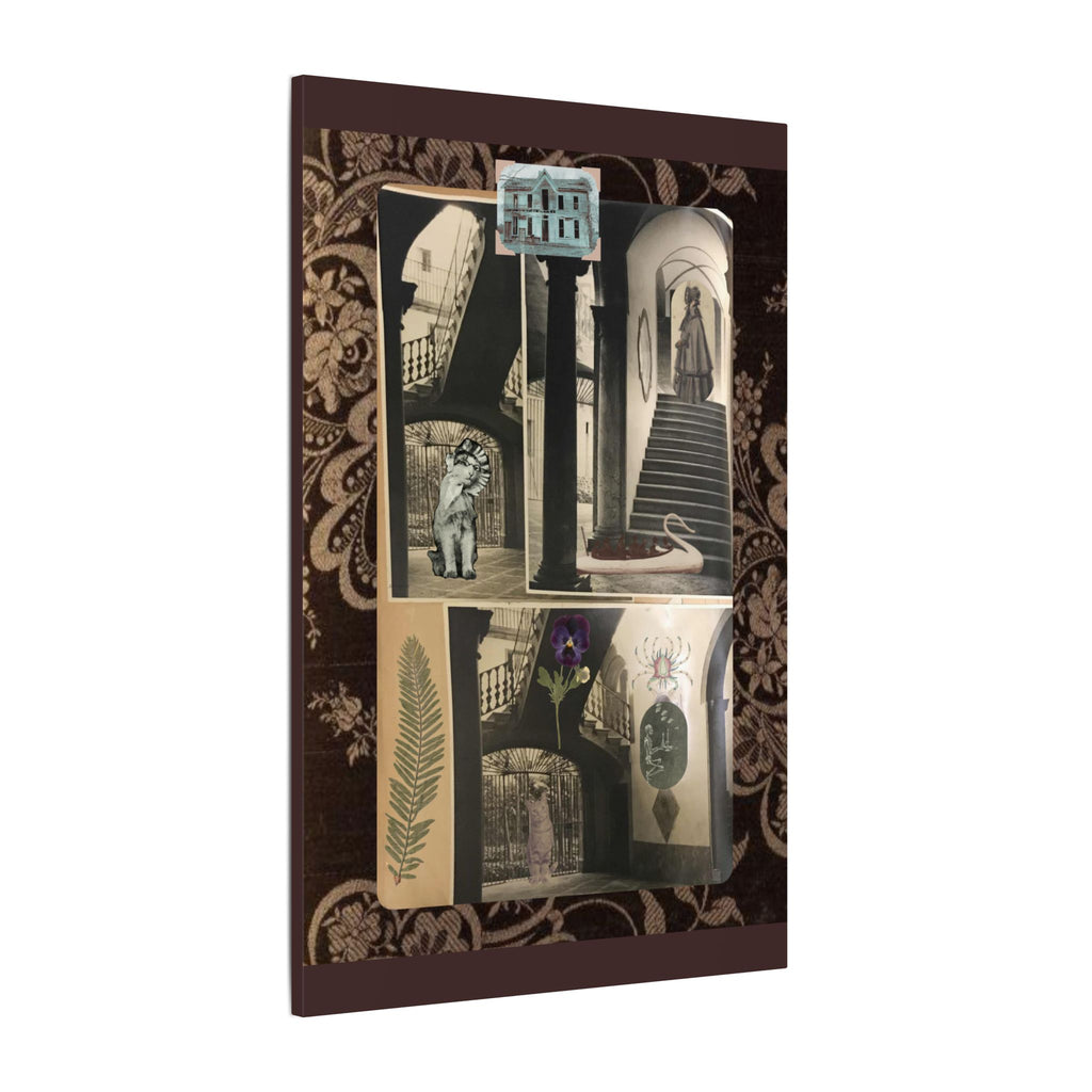 Dark Vintage Style Canvas Wall Art "Family Album 2" Collage Art with Cats, Staircase, botanicals - fern, pressed flower - WOMAN OWNED BUSINESS