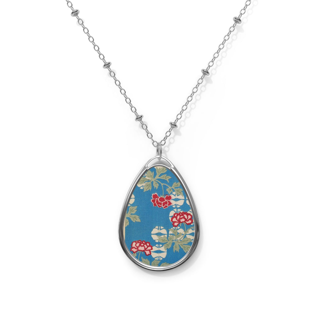 Floral Oval Pendant Necklace — Blue Vintage Fabric Floral Teardrop Jewelry Japanese Fabric Design