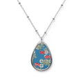 Floral Oval Pendant Necklace — Blue Vintage Fabric Floral Teardrop Jewelry Japanese Fabric Design