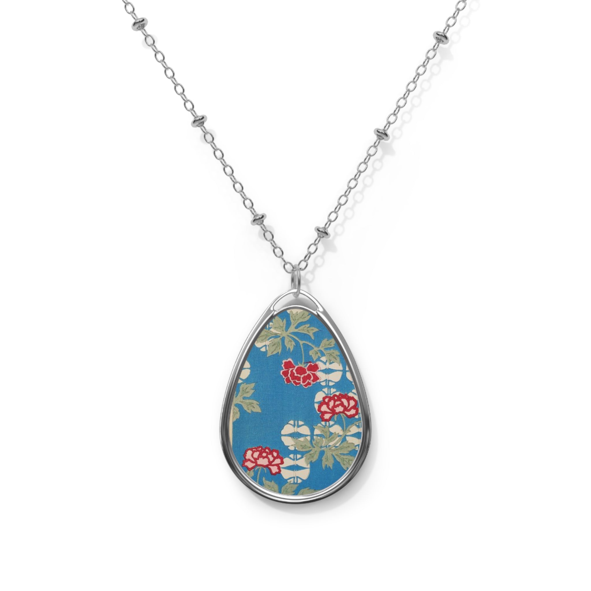 Floral Oval Pendant Necklace — Blue Vintage Fabric Floral Teardrop Jewelry Japanese Fabric Design