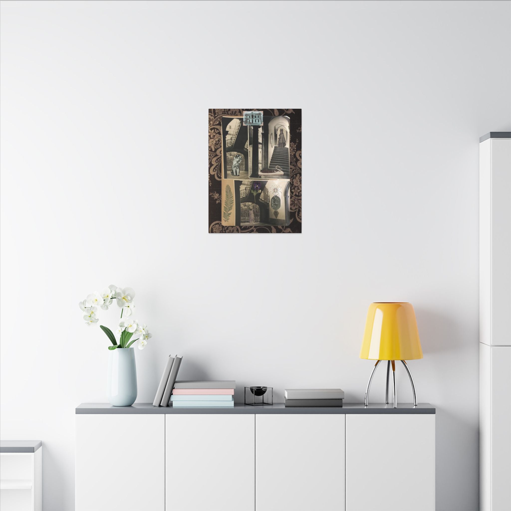 Dark Vintage Style Canvas Wall Art "Family Album 2" Collage Art with Cats, Staircase, botanicals - fern, pressed flower - WOMAN OWNED BUSINESS