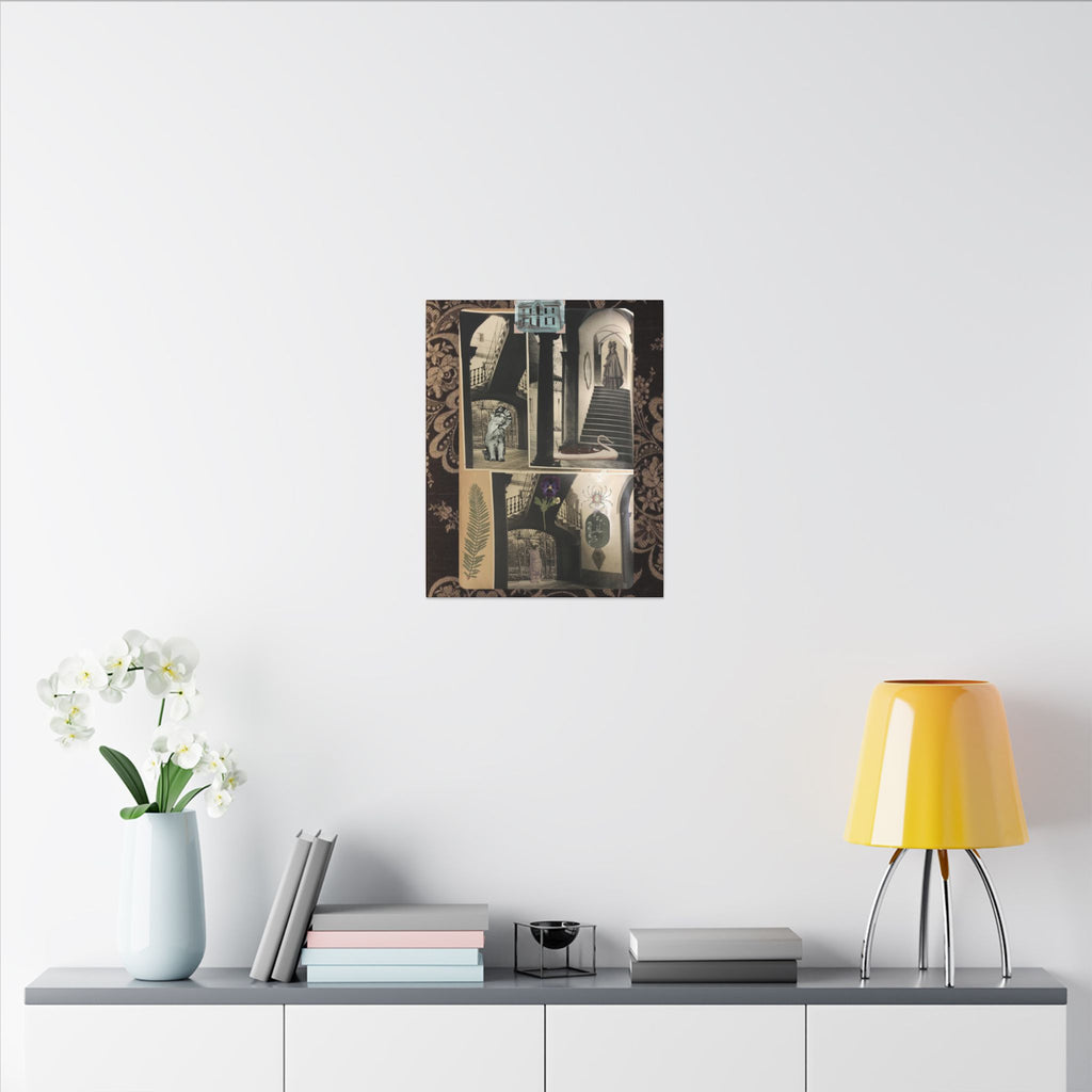 Dark Vintage Style Canvas Wall Art "Family Album 2" Collage Art with Cats, Staircase, botanicals - fern, pressed flower - WOMAN OWNED BUSINESS
