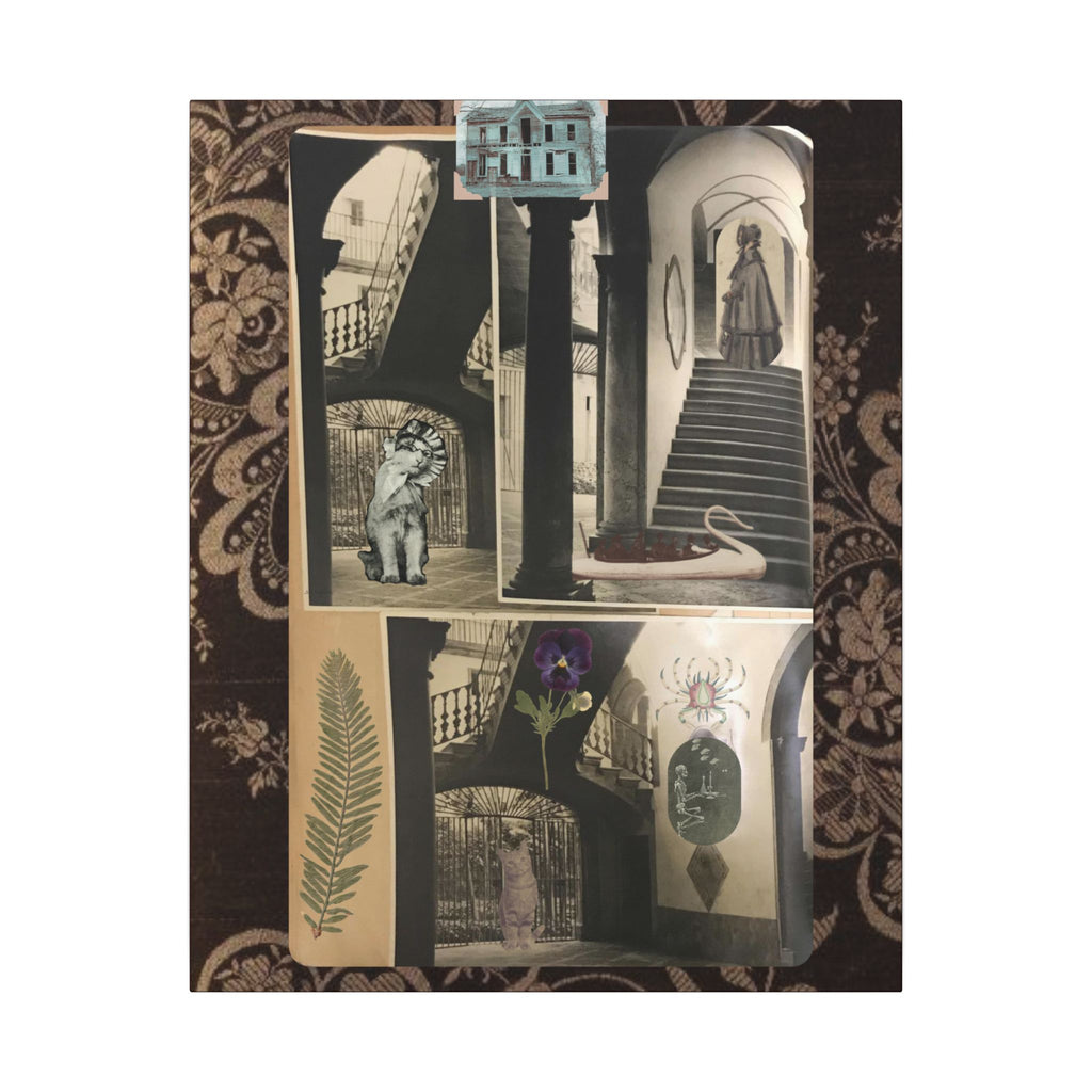 Dark Vintage Style Canvas Wall Art "Family Album 2" Collage Art with Cats, Staircase, botanicals - fern, pressed flower - WOMAN OWNED BUSINESS