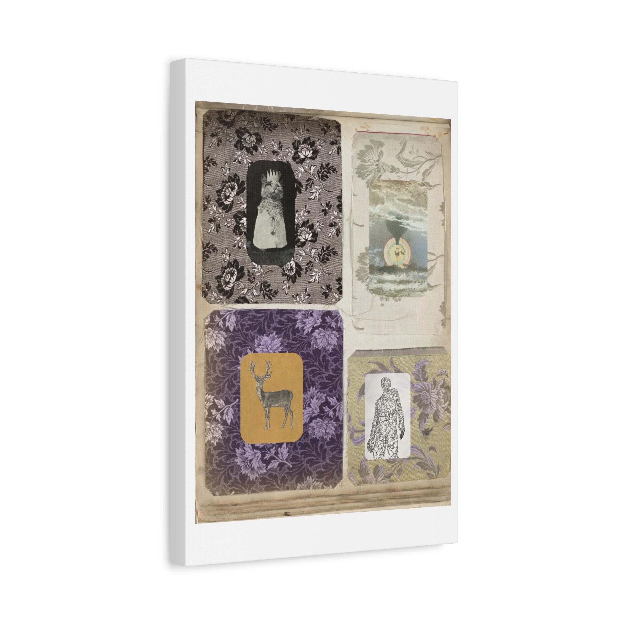 Vintage Collage Matte Canvas Print — Family Album I - Archival Ephemeral Dark & Haunted Art with Vintage Fabrics Cats Deer Magic Myth Fables Folklore vibes