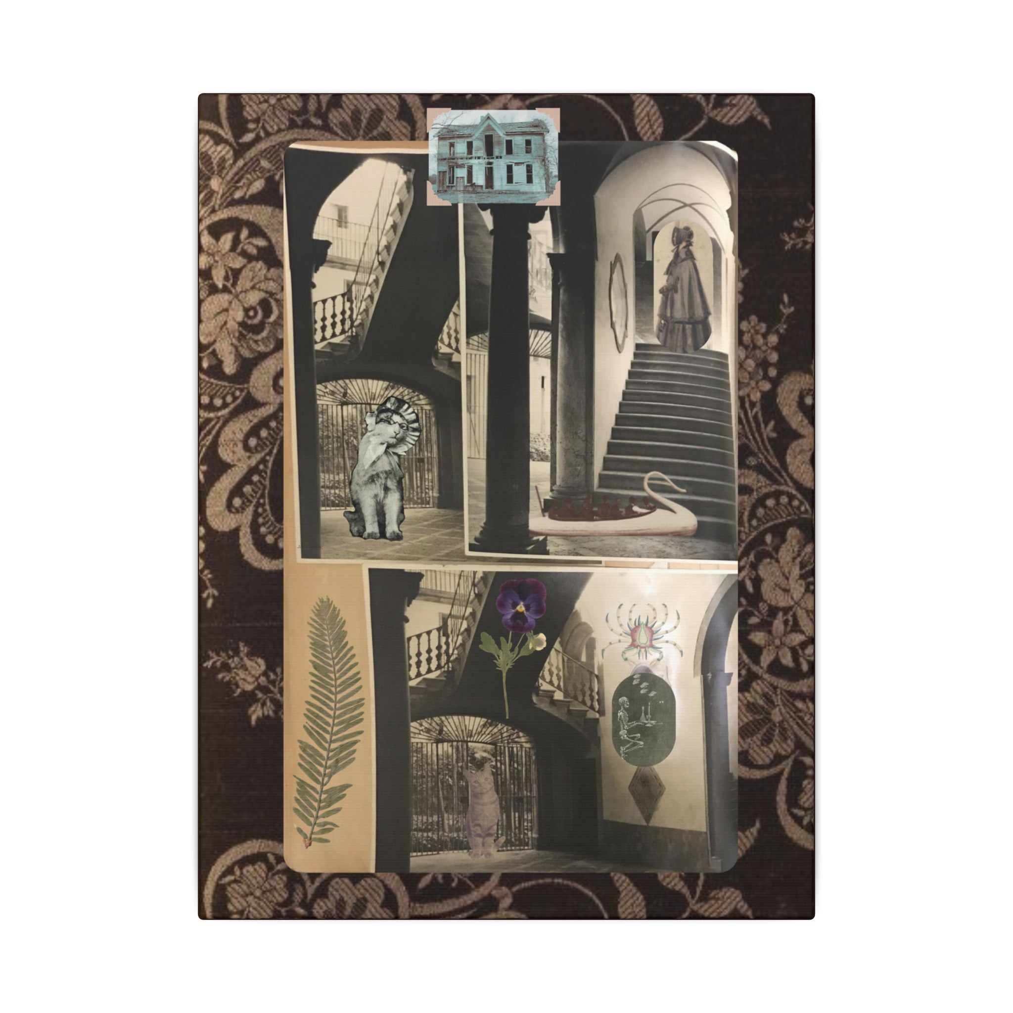 Dark Vintage Style Canvas Wall Art "Family Album 2" Collage Art with Cats, Staircase, botanicals - fern, pressed flower - WOMAN OWNED BUSINESS