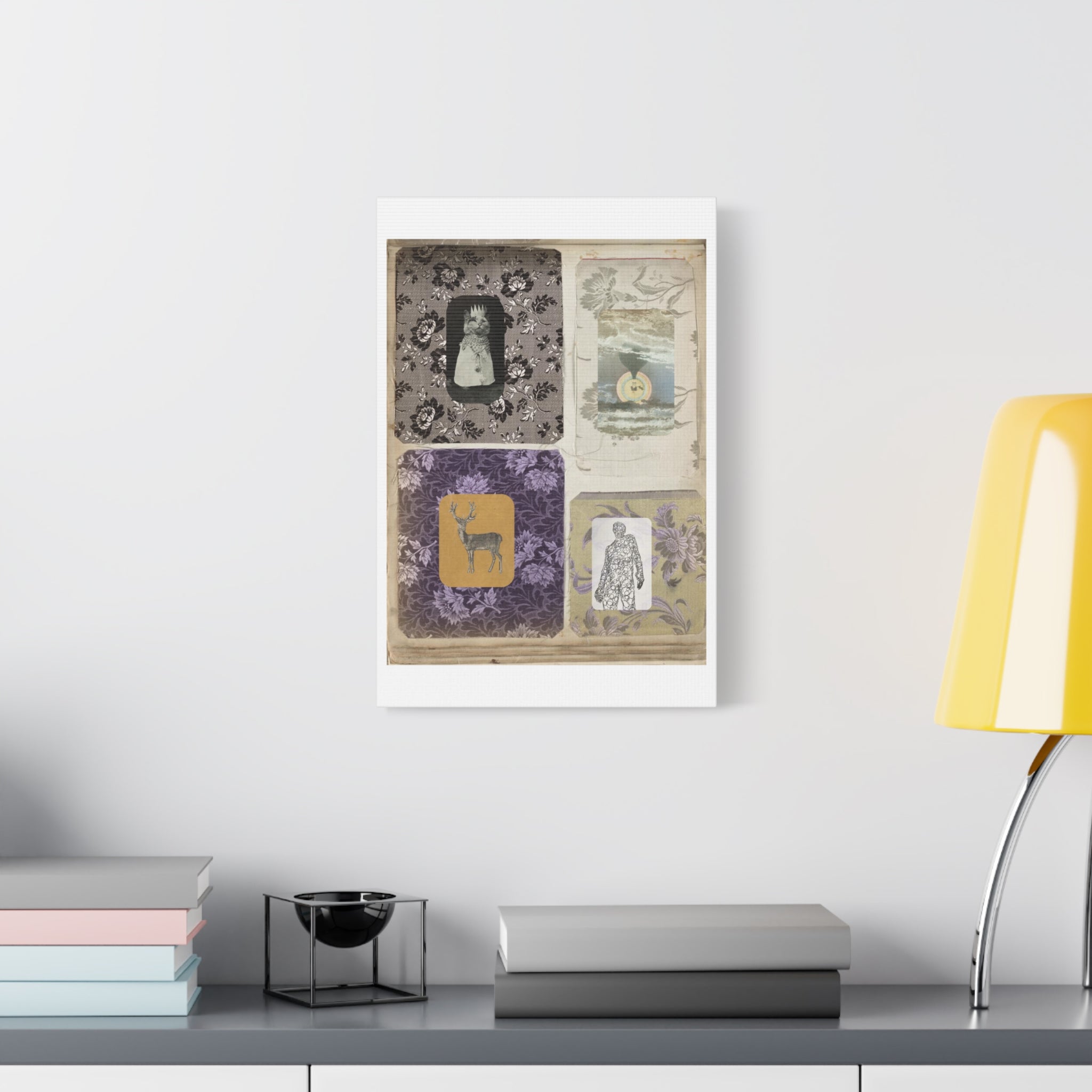 Vintage Collage Matte Canvas Print — Family Album I - Archival Ephemeral Dark & Haunted Art with Vintage Fabrics Cats Deer Magic Myth Fables Folklore vibes
