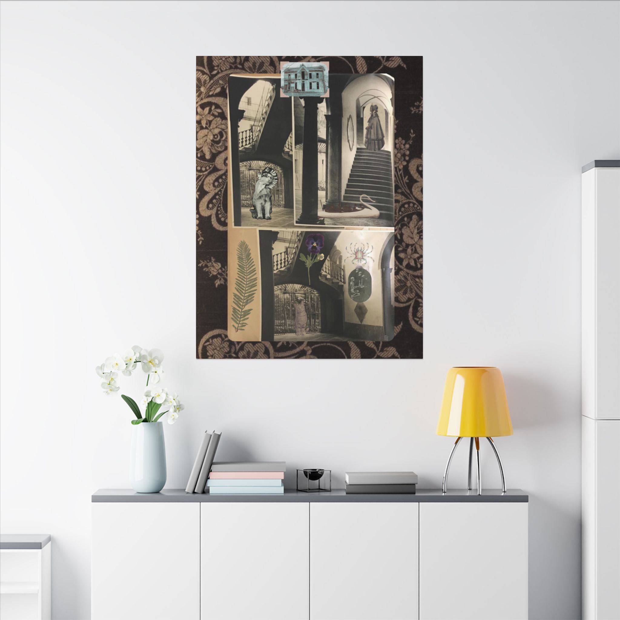 Dark Vintage Style Canvas Wall Art "Family Album 2" Collage Art with Cats, Staircase, botanicals - fern, pressed flower - WOMAN OWNED BUSINESS